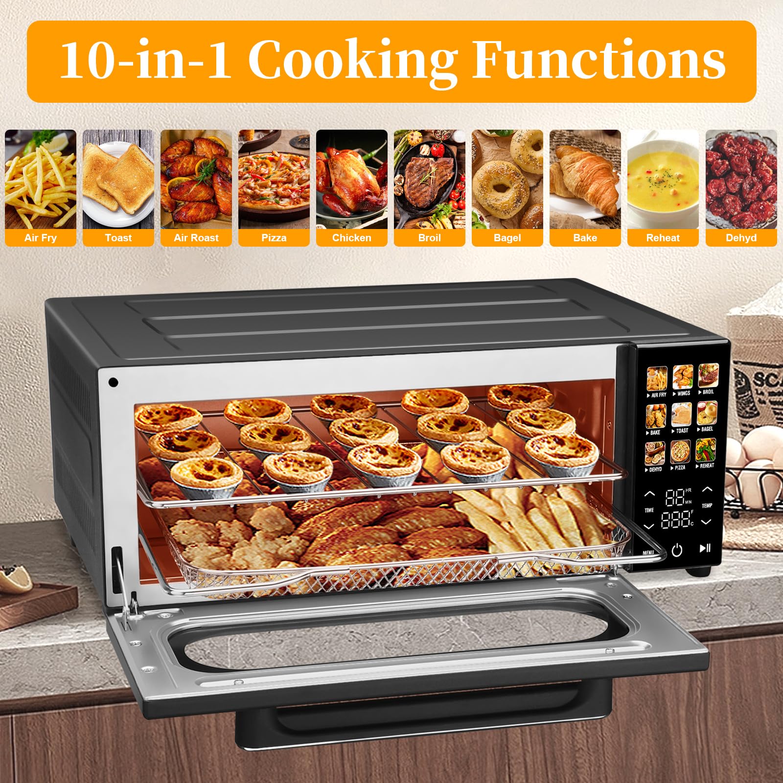 SEEDEEM 10-in-1 Air Fryer Toaster Oven with Convection, 15L Capacity - LCD Touch Screen, 1800W Countertop Oven for Baking, Roasting, Dehydrating - Includes 4 Accessories (Black) | Perfect for Small Kitchens, Dorms & RV Cooking