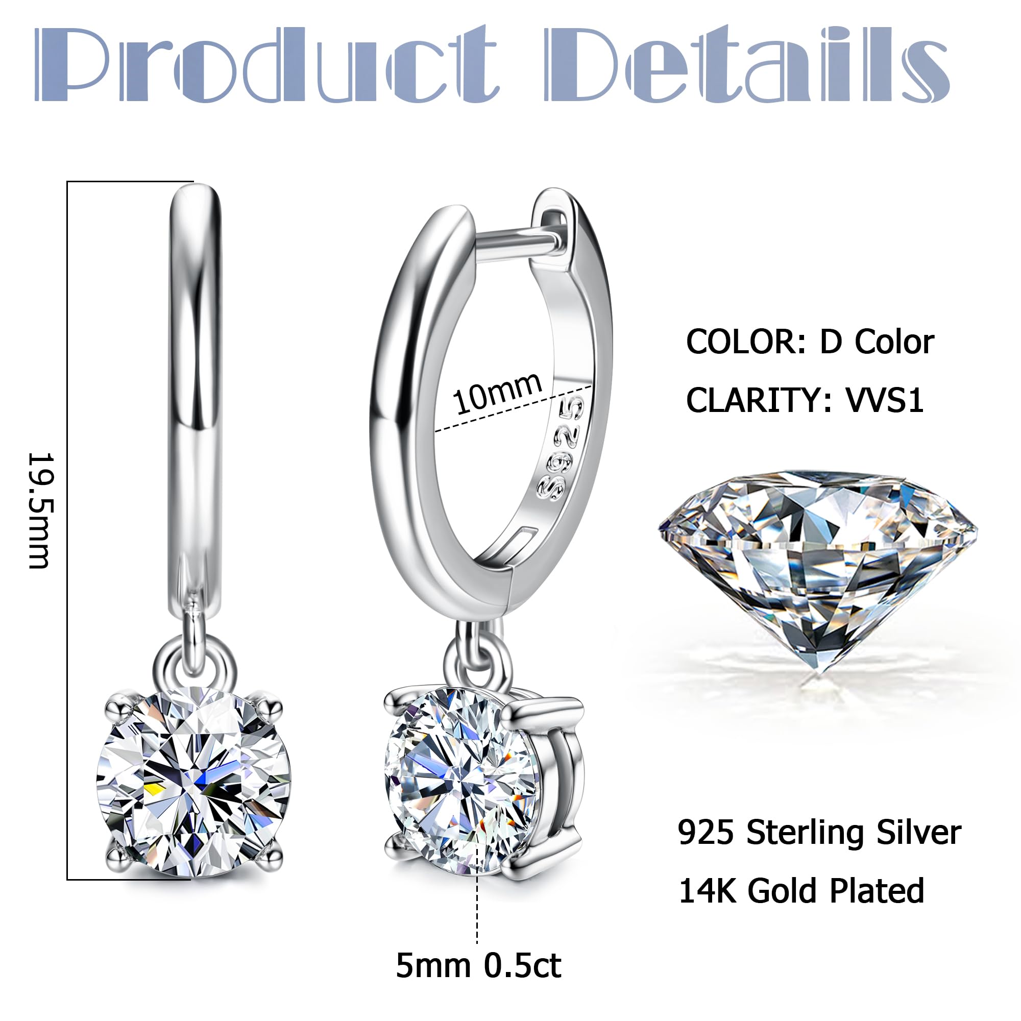 1.0ct-2.0ct D Color Moissanite Hoop Earrings in 18K White Gold & Sterling Silver | Lab-Created Diamond Alternative | Elegant Drop Dangle Earrings for Women | Perfect for Weddings, Parties & Special Occasions