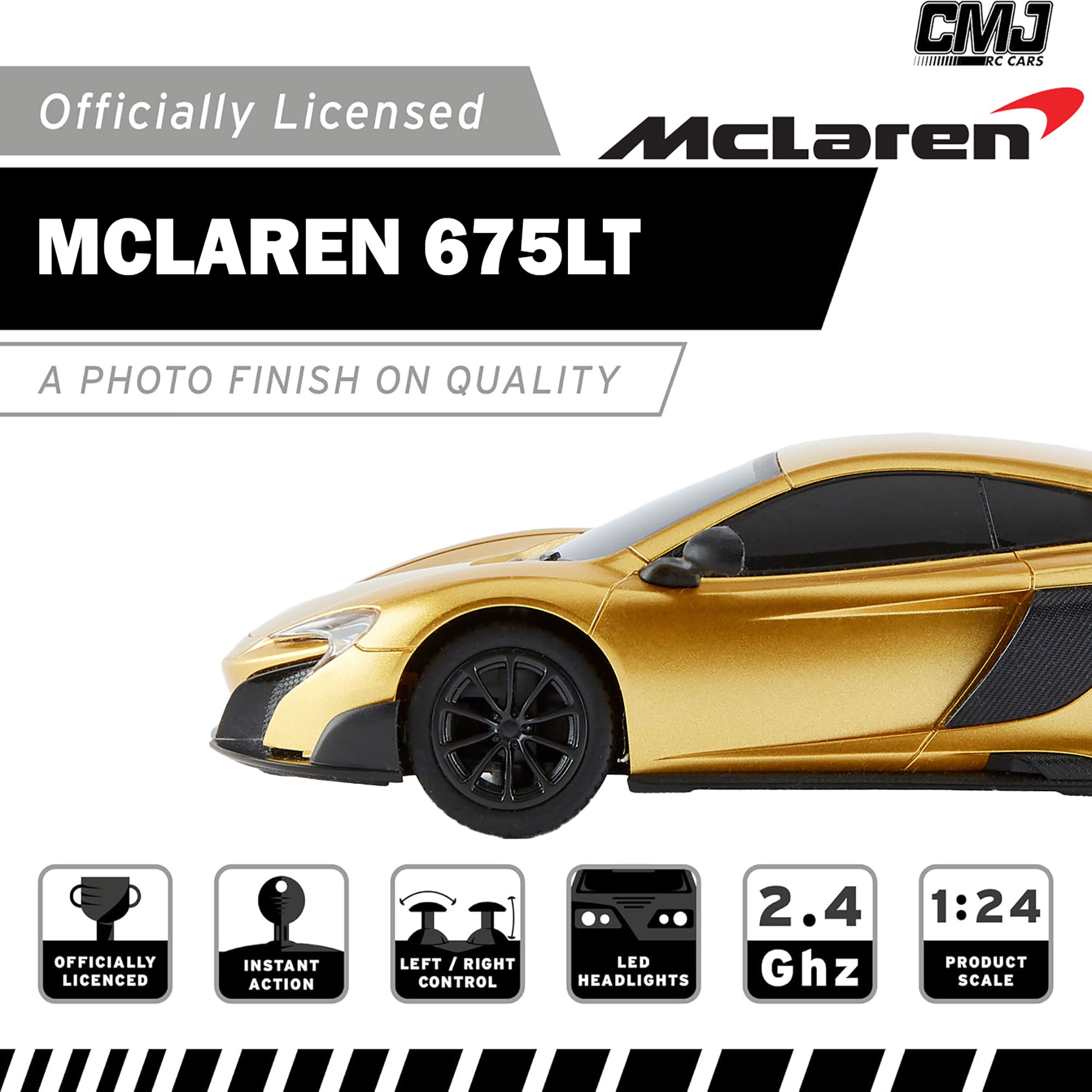 CMJ RC Cars: 1:24 Scale McLaren 675LT Gold Remote Control Sports Car - 2.4GHz, LED Headlights - Perfect for Racing, Collecting & Indoor/Outdoor Play