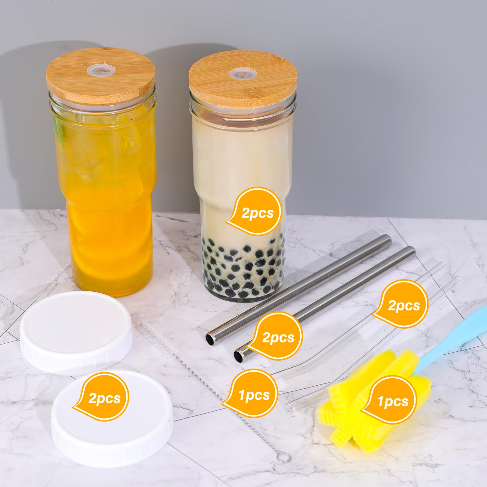 Moretoes 2-Pack 24oz Glass Tumbler Cups with Lids & Straws - Reusable Iced Coffee Travel Mug, Boba Tea Cup for Smoothies, Cold Brew, Juice & Soda - Perfect for Home, Office & Outdoor Activities