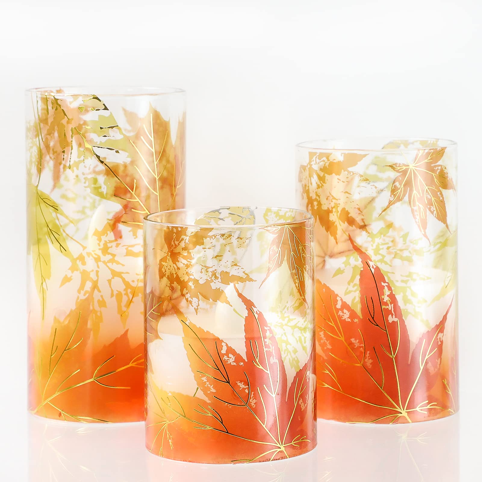 Realistic Flameless LED Candles with Remote & Timer - Battery Operated Maple Leaf Glass Pillar Candles for Fall Decor, Thanksgiving, Halloween - Perfect for Home, Dining Table, Fireplace & Seasonal Centerpieces
