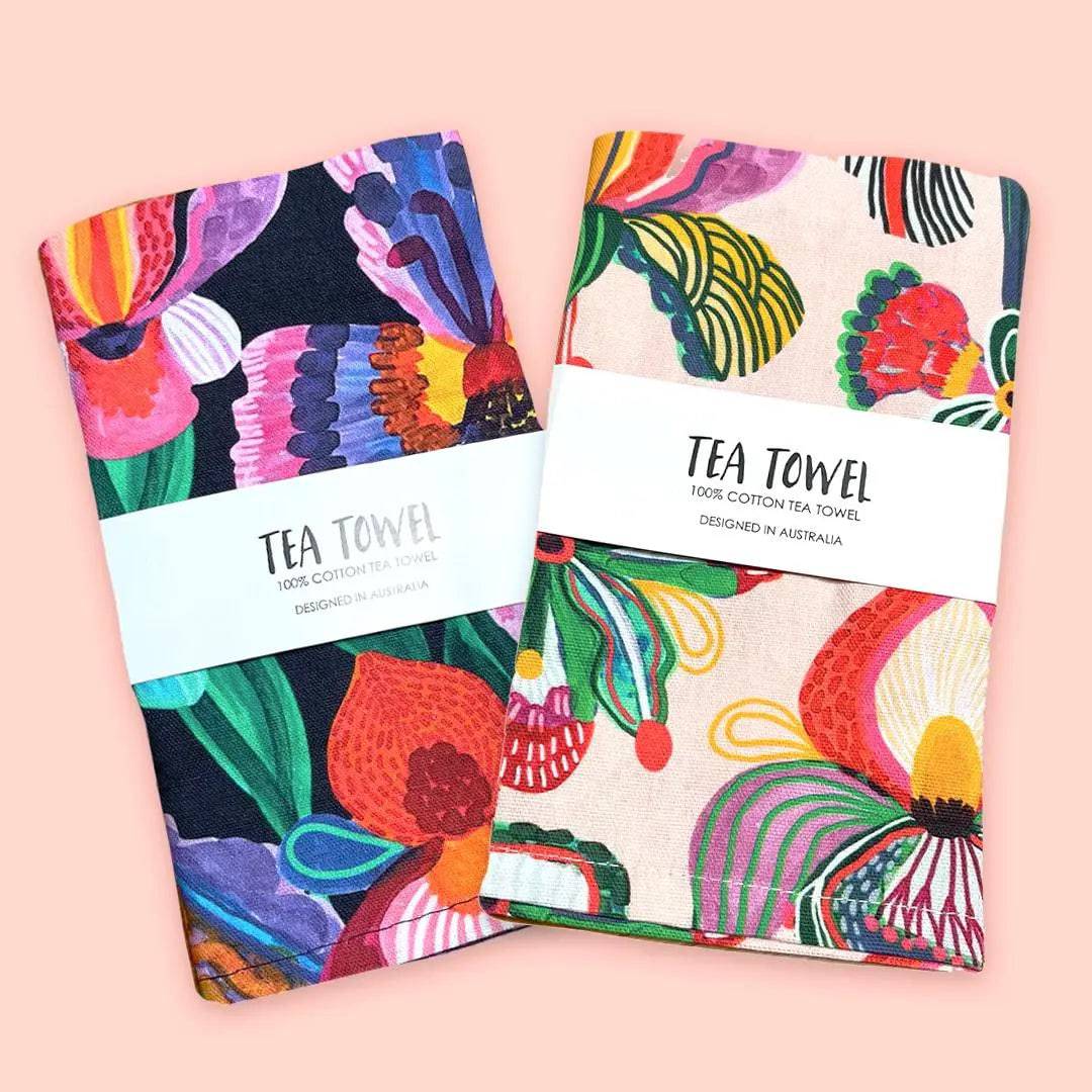 Premium Orchid Garden Tea Towel Set - 100% Cotton Kitchen Towels for Drying Dishes & Decor - Floral Design for Modern Farmhouse, Cottagecore, and Boho Style Kitchens
