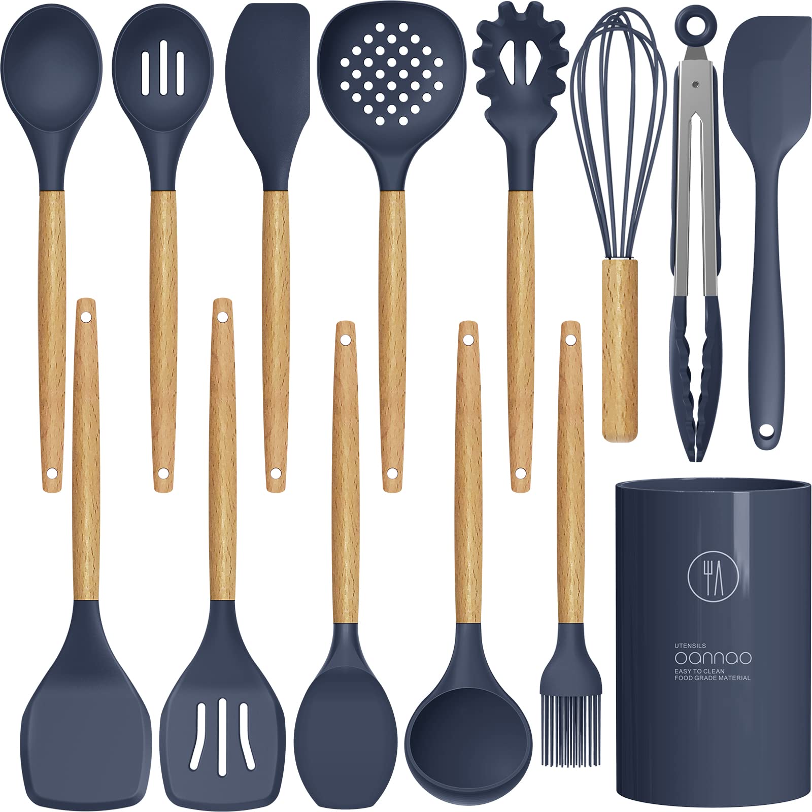 Heat-Resistant Silicone Cooking Utensils Set with Wooden Handles - BPA Free Kitchen Tools for Non-Stick Cookware (446°F Safe, Navy Blue) - Perfect for Baking, Frying & Everyday Cooking