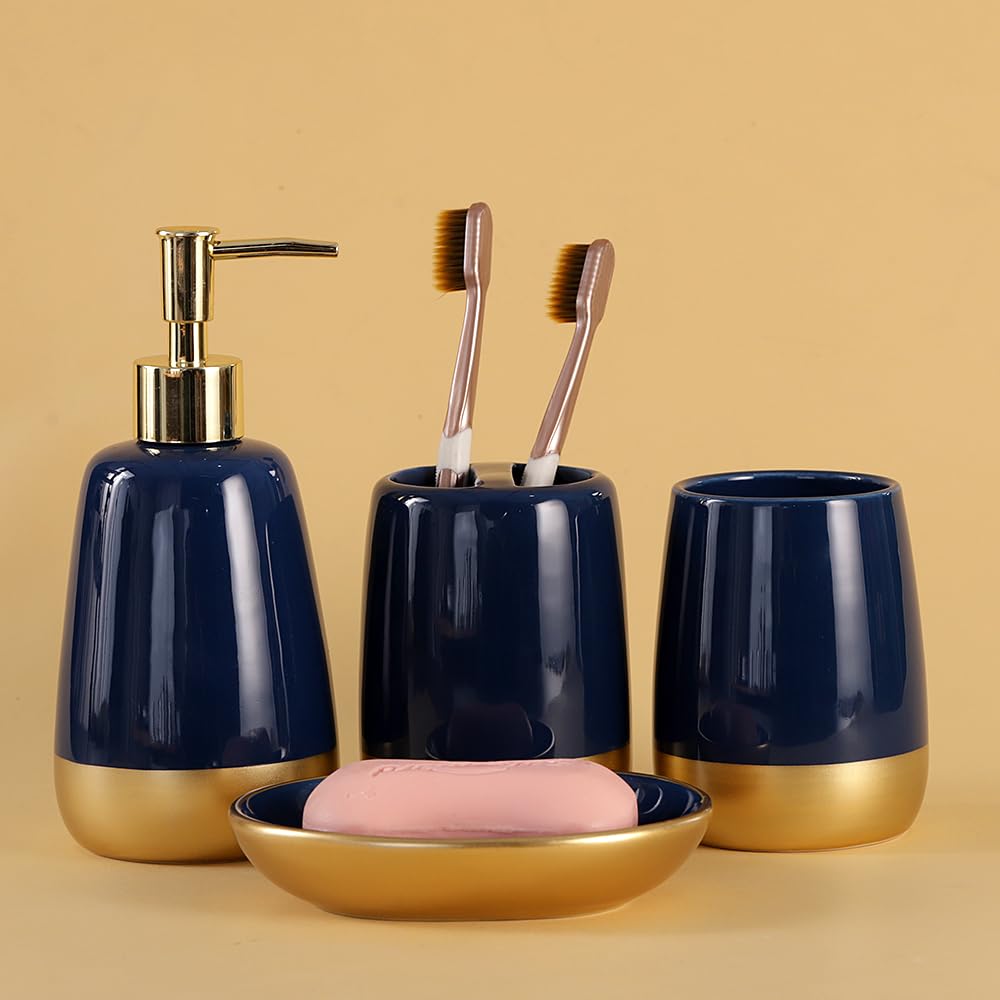 Luxury Navy Blue & Gold 4-Piece Ceramic Bathroom Accessories Set - Soap Dispenser, Toothbrush Holder, Tumbler & Soap Dish | Elegant Vanity Countertop Decor for Modern Bathrooms, Perfect Housewarming Gift & Home Upgrade
