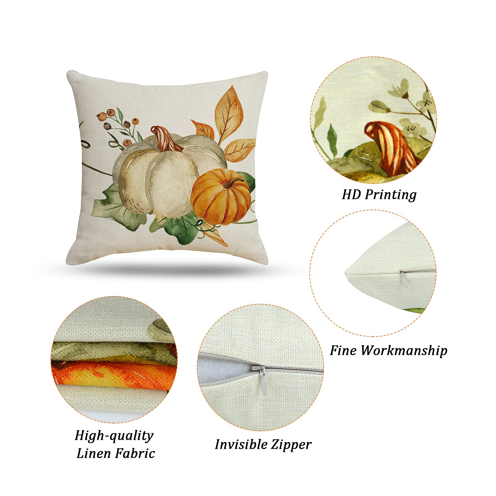 Fall Pumpkin Throw Pillow Covers Set of 4 - 18x18 Inch Autumn Thanksgiving Decorative Pillow Cases for Sofa, Couch, Bed - Cozy Home Decor for Living Room, Porch & Seasonal Holiday Decorations