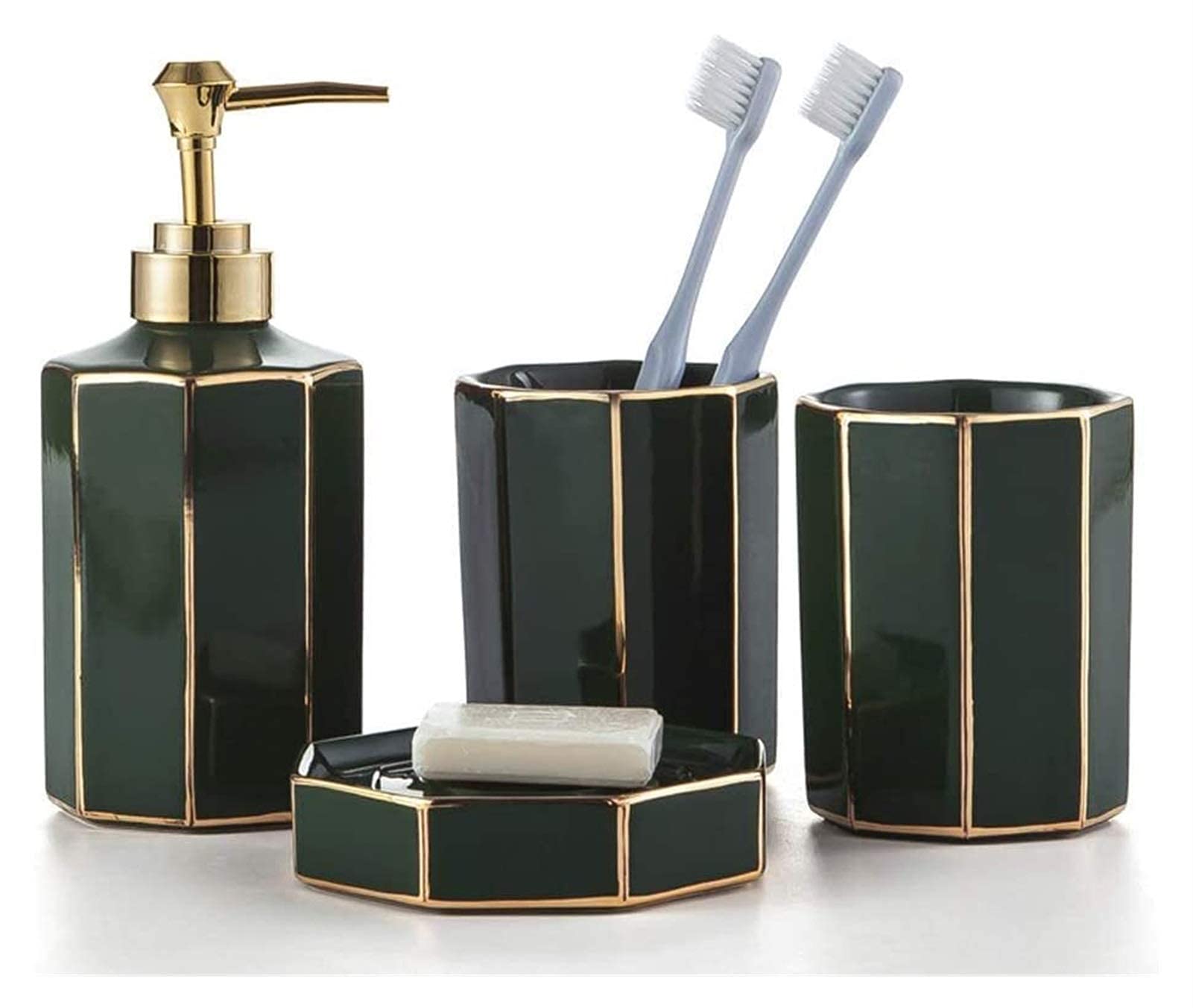 Premium Ceramic Soap Dispenser & Bathroom Accessories Set - 4-Piece Modern Design with Toothbrush Holder & Soap Dish | Elegant Hotel Decor for Home, Spa & Guest Bathroom