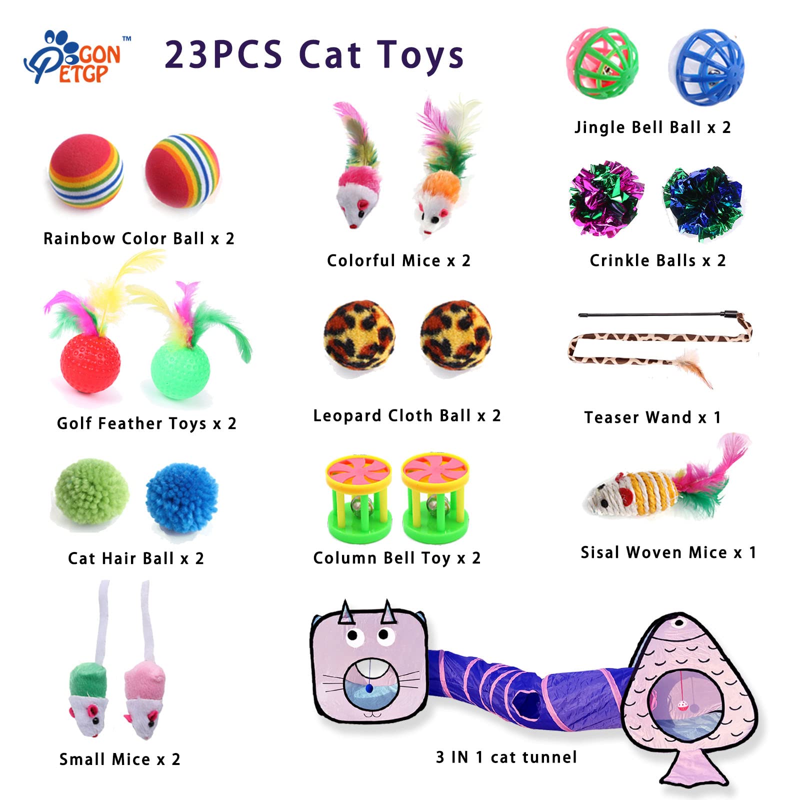 23-Piece Cat Toys Set for Indoor Cats - Interactive Feather Teaser Wand, Collapsible Tunnel Cube, Bell Balls, Fuzzy Springs & Mouse Toys - Perfect for Playtime, Exercise & Bonding with Your Kitten