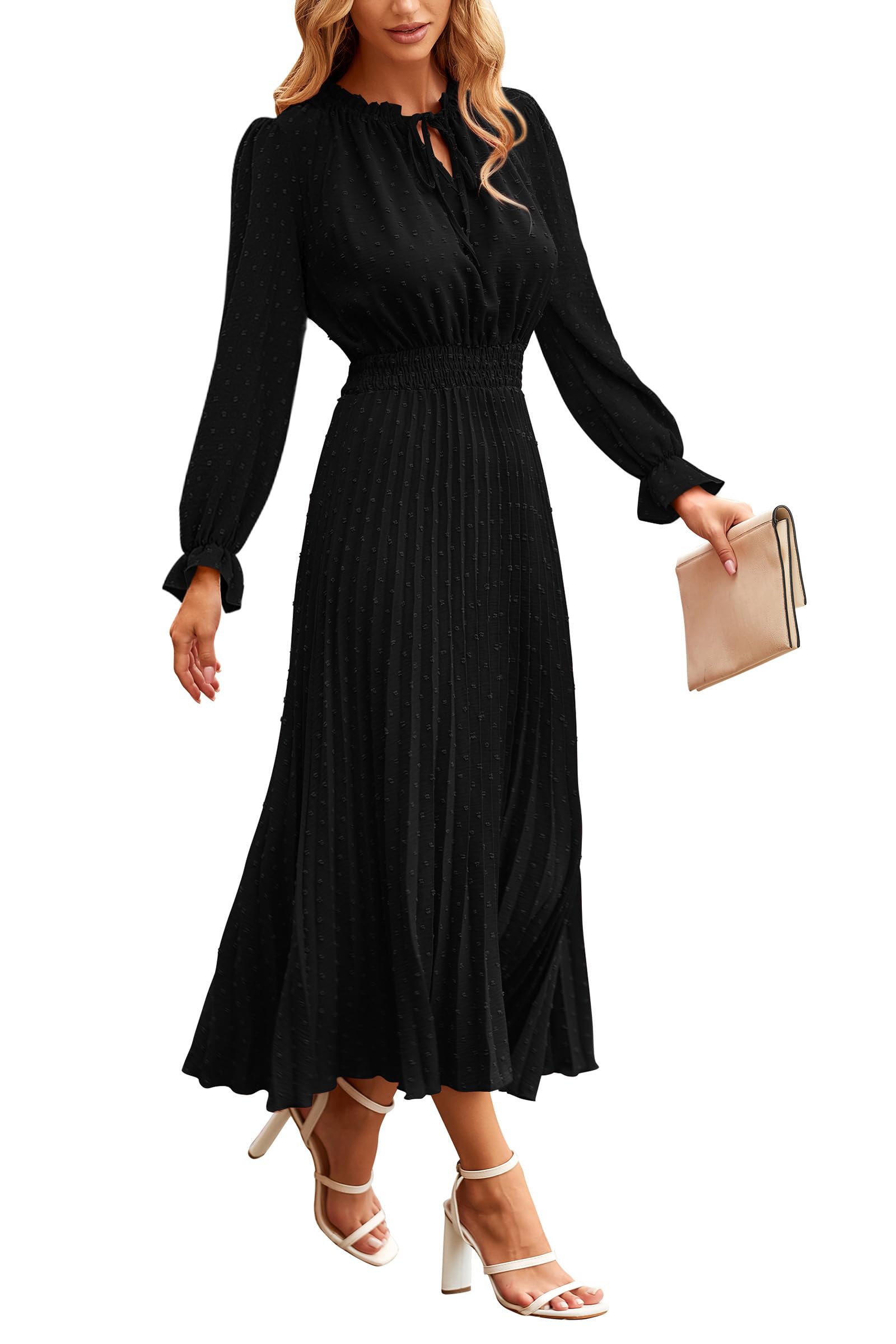 PRETTYGARDEN Women's Swiss Dot Pleated Midi Dress - Long Sleeve V-Neck A-Line Flowy Casual Dress for Spring Fall 2025 | Perfect for Office, Date Night & Special Occasions