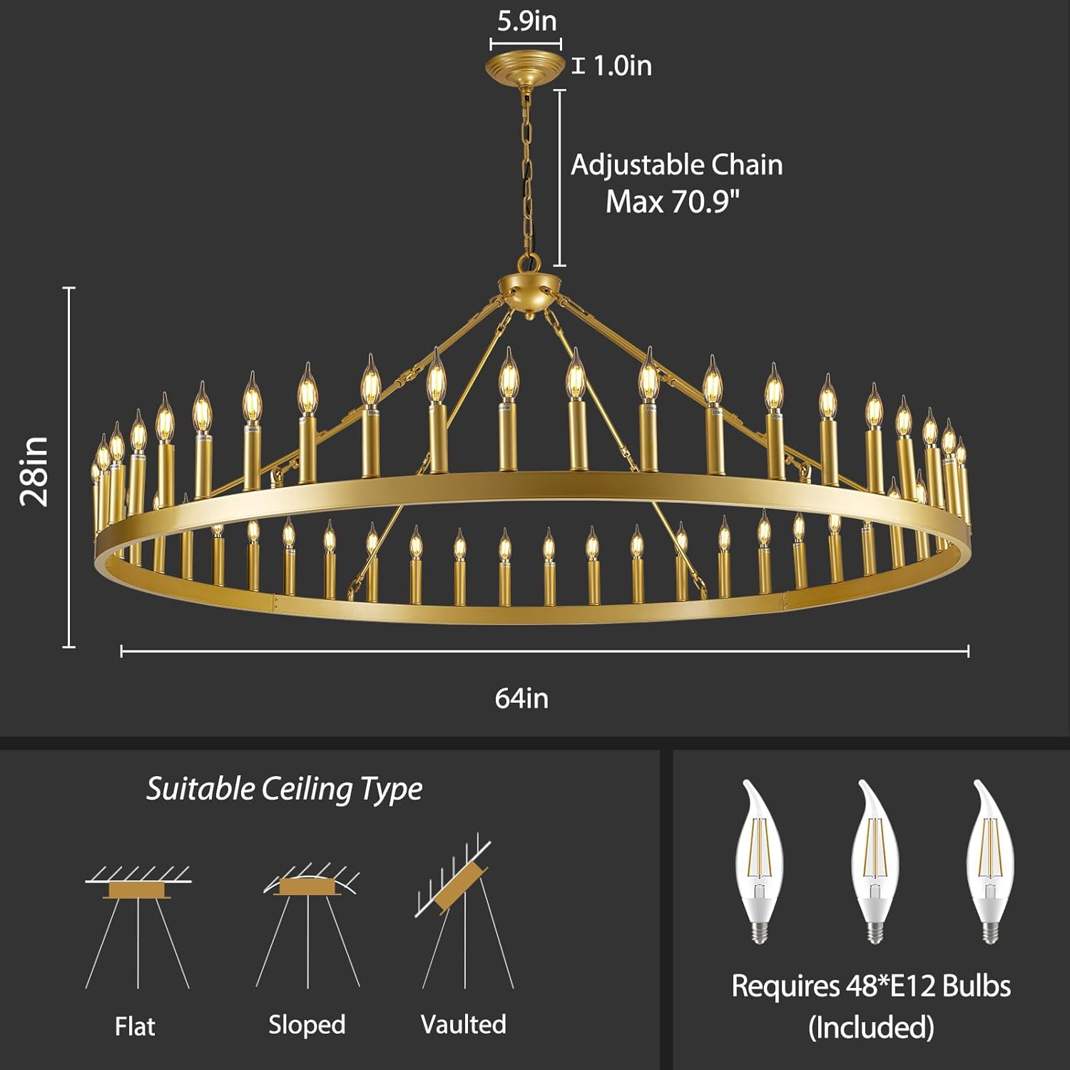 64 Inch Wagon Wheel Chandelier - Rustic Farmhouse Ceiling Light Fixture for Dining Room, Living Room & Bedroom Decor
