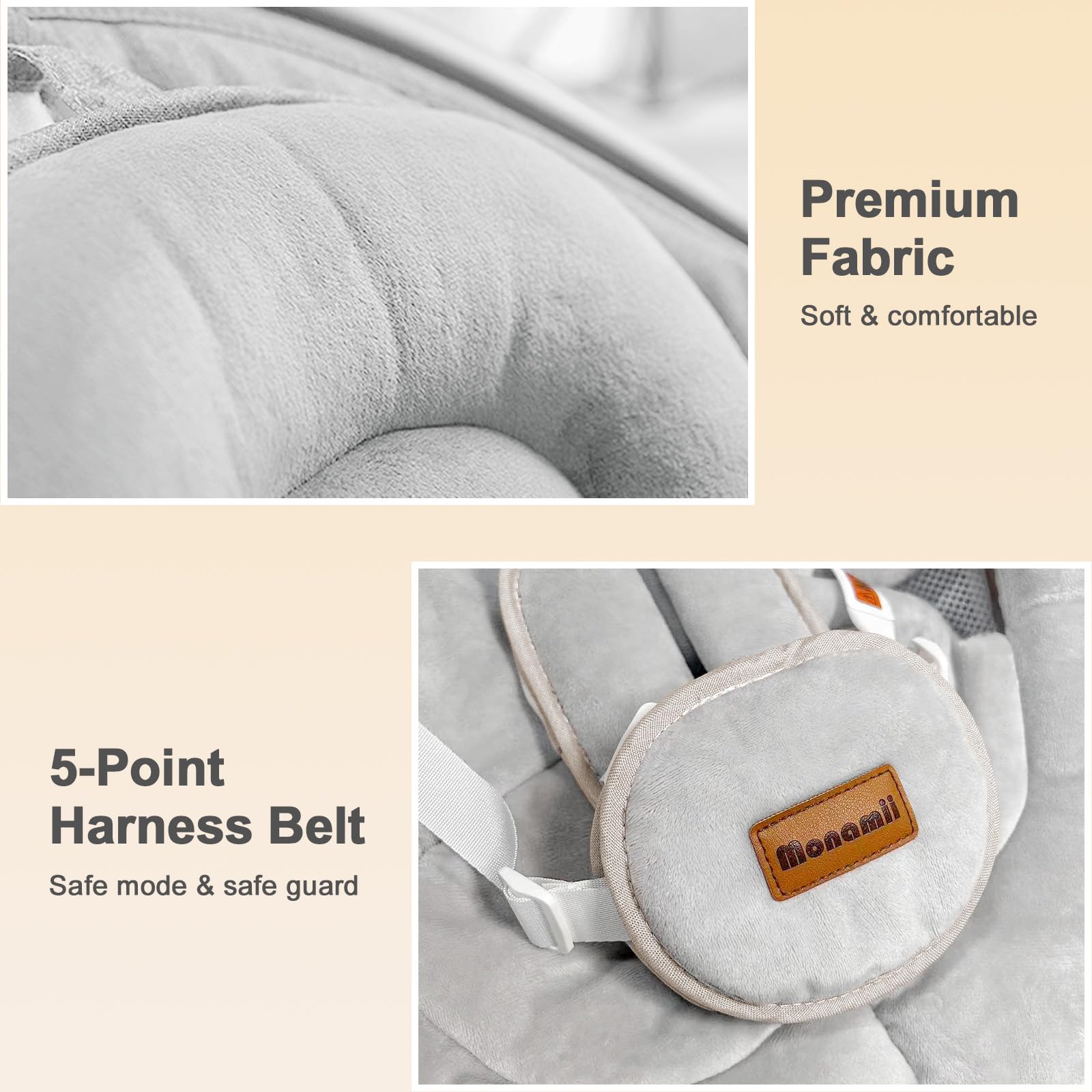 Monamii Bluetooth Baby Swing with Music Speaker - 5 Speed Adjustable, Remote Control, Portable Infant Swing for Indoor & Outdoor Use - Perfect for Newborns & Toddlers (Beige) - Ideal for Nursery, Travel & Playtime