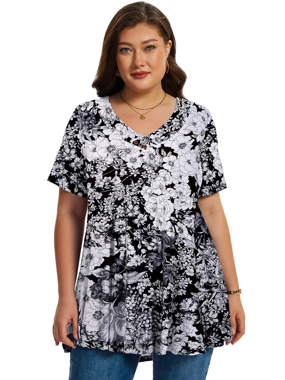 LARACE Plus Size Tunic Tops for Women - Short Sleeve V Neck Casual Blouse, Loose Fit Summer T-Shirt in Floral Black (Sizes M-5XL) | Perfect for Work, Travel & Everyday Wear