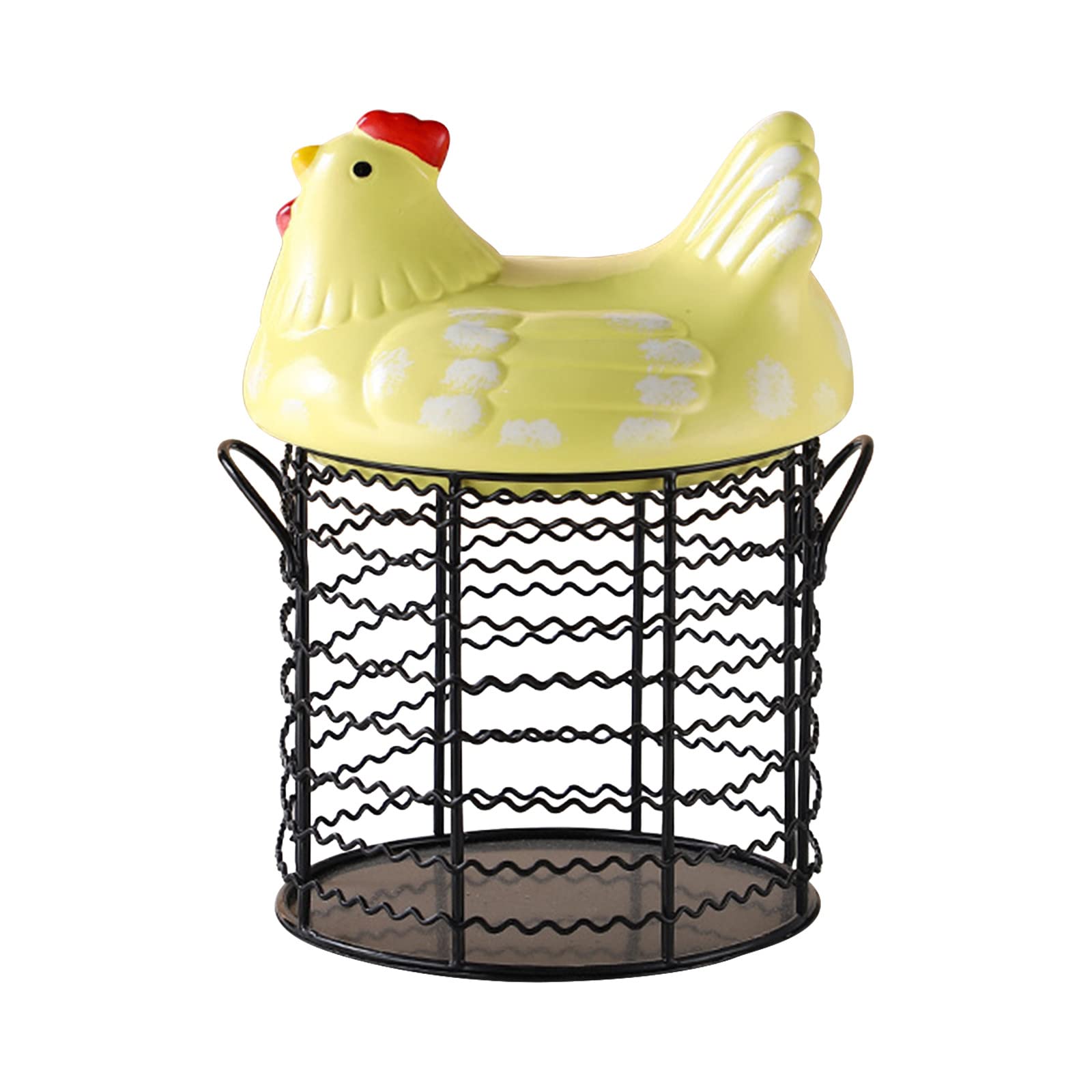 Black Wire Egg Basket with Ceramic Lid - Farmhouse Egg Holder for Kitchen Counter & Chicken Coop
