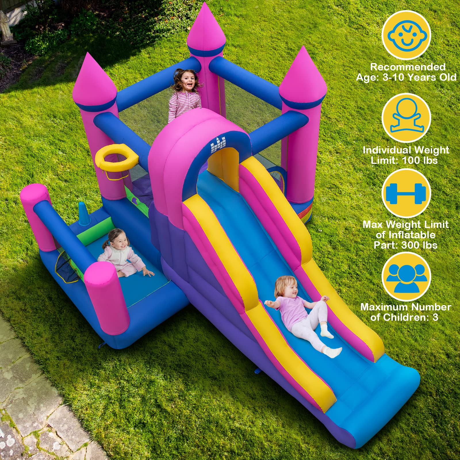 **GLACER Princess Inflatable Bounce House with Slide & Splash Pool – Kids Outdoor Jumping Castle for Backyard, Birthday Parties & Summer Fun – Includes Repair Kit, Ground Stakes & 735W Blower**