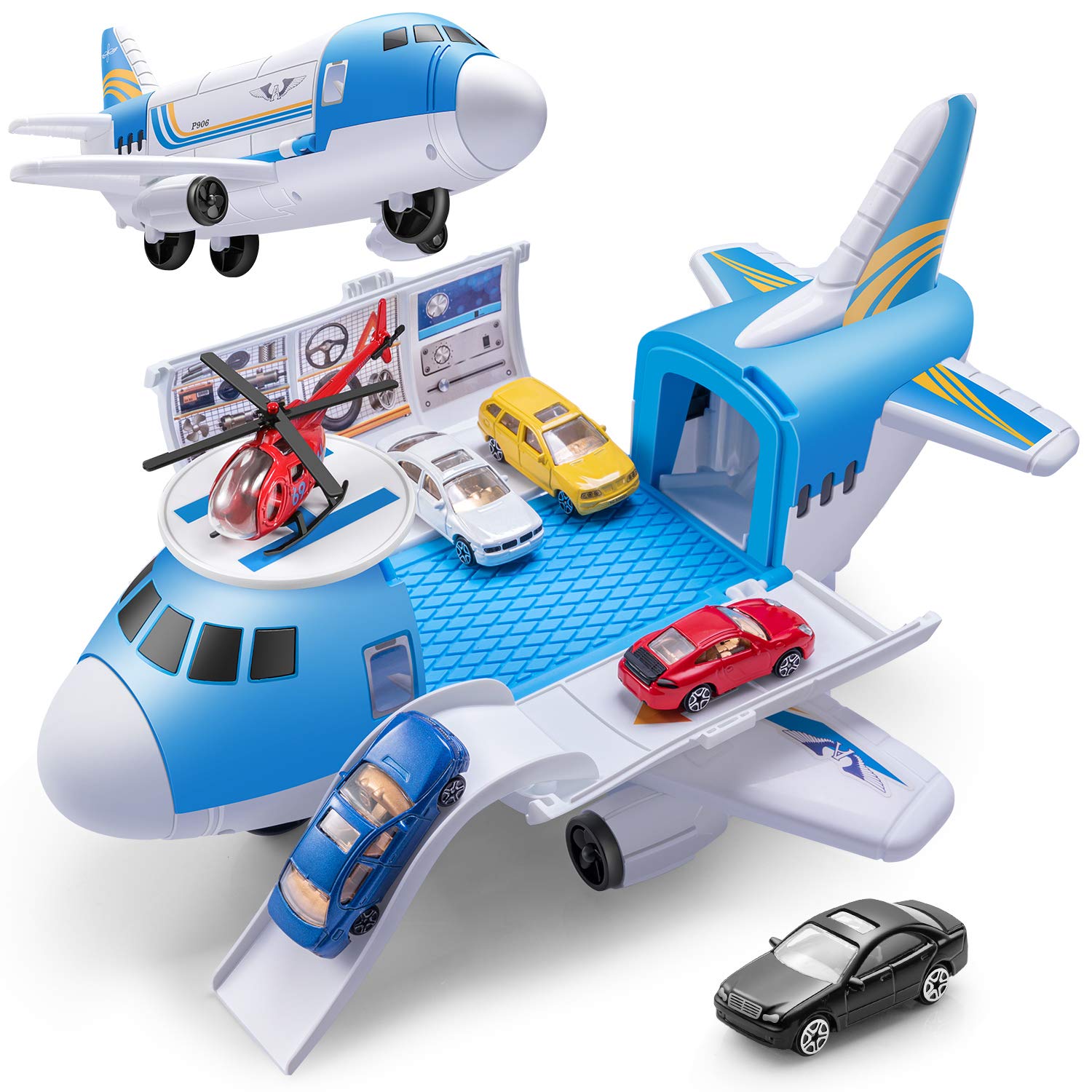 Geyiie Airplane Toys Set - 5 Vehicle Cars & 1 Helicopter with Transport Cargo Plane & Parking Scene - Perfect Gift for Boys Age 3+ - Great for Pretend Play, Travel Toys & Toddler Learning Activities