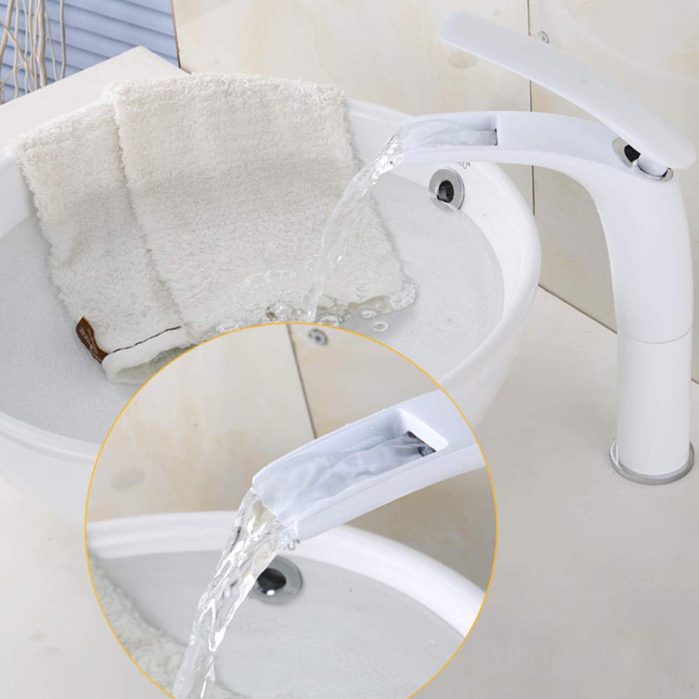 Tall Waterfall Bathroom Sink Faucet - White Brass Basin Mixer Tap with Hot & Cold Water - Perfect for Modern Vanities, Powder Rooms, and Luxury Bathroom Designs