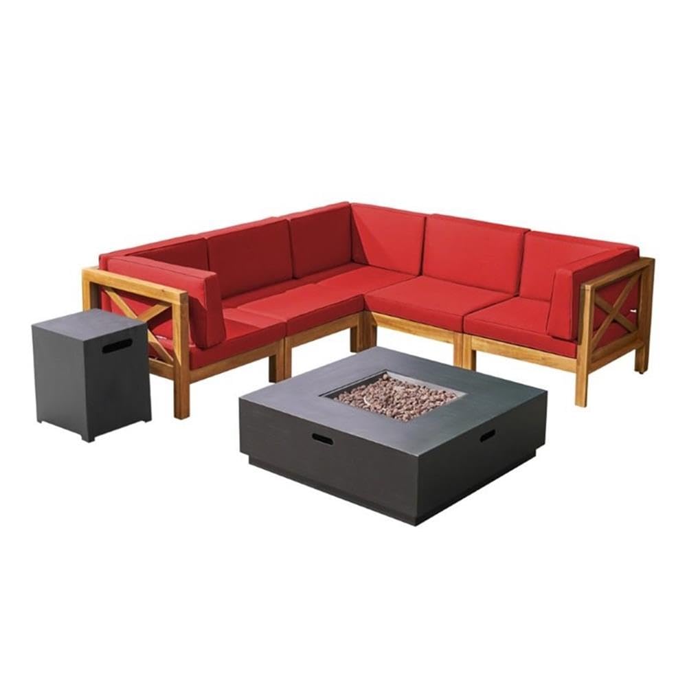 Noble House Culatra 7-Piece Outdoor Acacia Wood Sectional Sofa Set in Red - Patio Furniture for Backyard, Poolside & Garden Relaxation