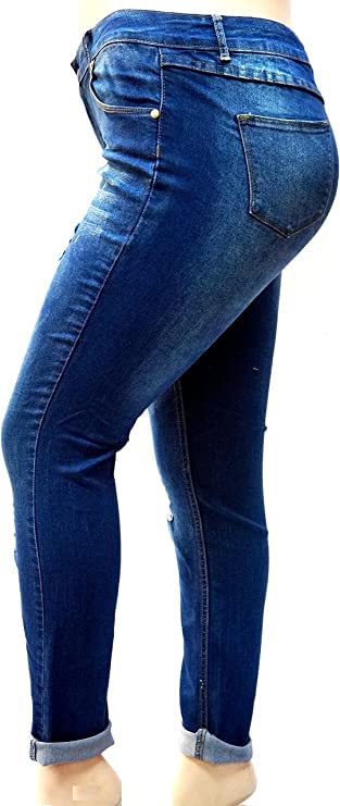 Jack David Women's Plus Size Ripped Destroyed Blue Denim Roll-Up Distressed Jeans - Trendy Casual Pants for Everyday Wear, Street Style & Outfit Pairing