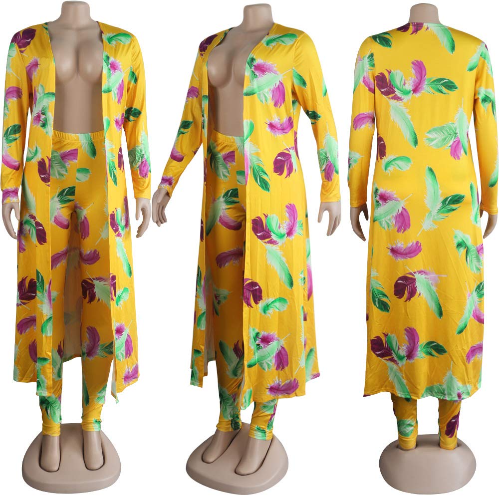 Women's Fashion Printed Long Cardigan 2-Piece Outfit Set - Long Sleeve Open Front Coat & High Waist Trousers | Casual Fall Outfits, Work Office Wear & Travel Essentials