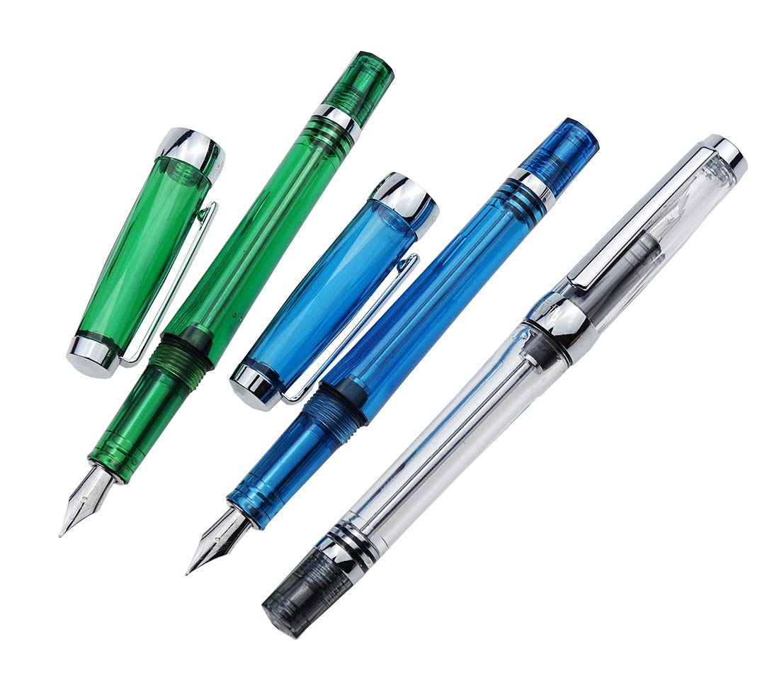 Lanxivi 3-Piston Vacuum Fountain Pen Set - Fine Nib 013 Series (Blue, Green, Clear) for Writing & Calligraphy