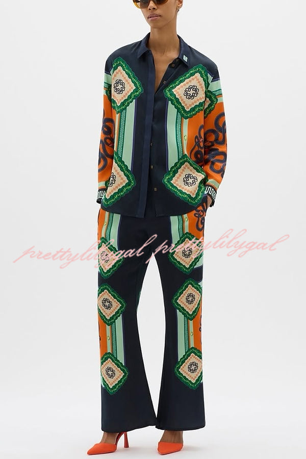 Vacation Times Women's Satin Oversized Button Down Blouse with Unique Print - Elegant Loose Fit Shirt for Casual Outings, Date Nights & Office Wear
