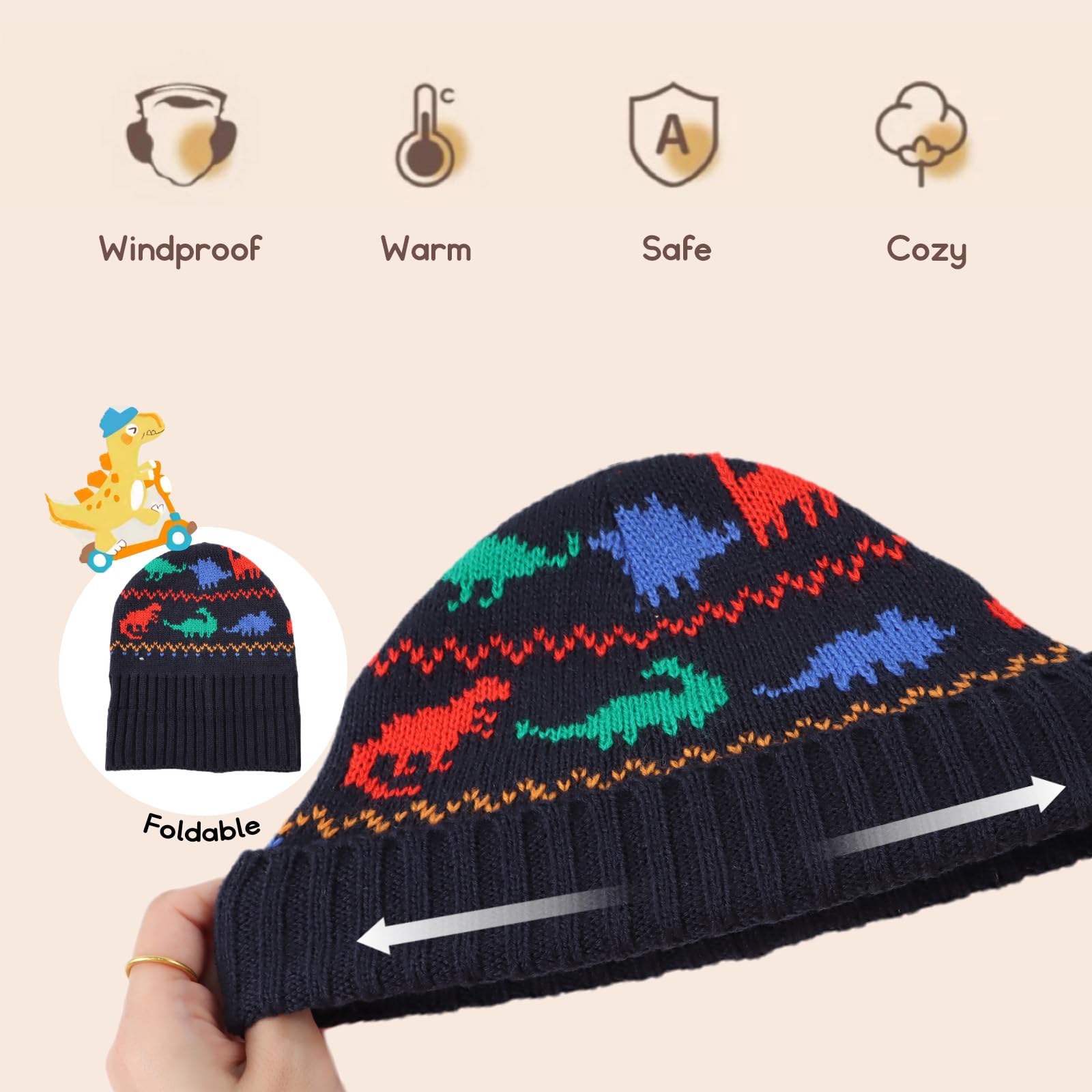 PEECABE Dinosaur Knit Baby Beanie Hat - Warm Winter Skull Cap for Boys & Toddlers - Soft Knitted Infant Hat for Cold Weather - Perfect for Outdoor Play, Snow Days & Holiday Photos