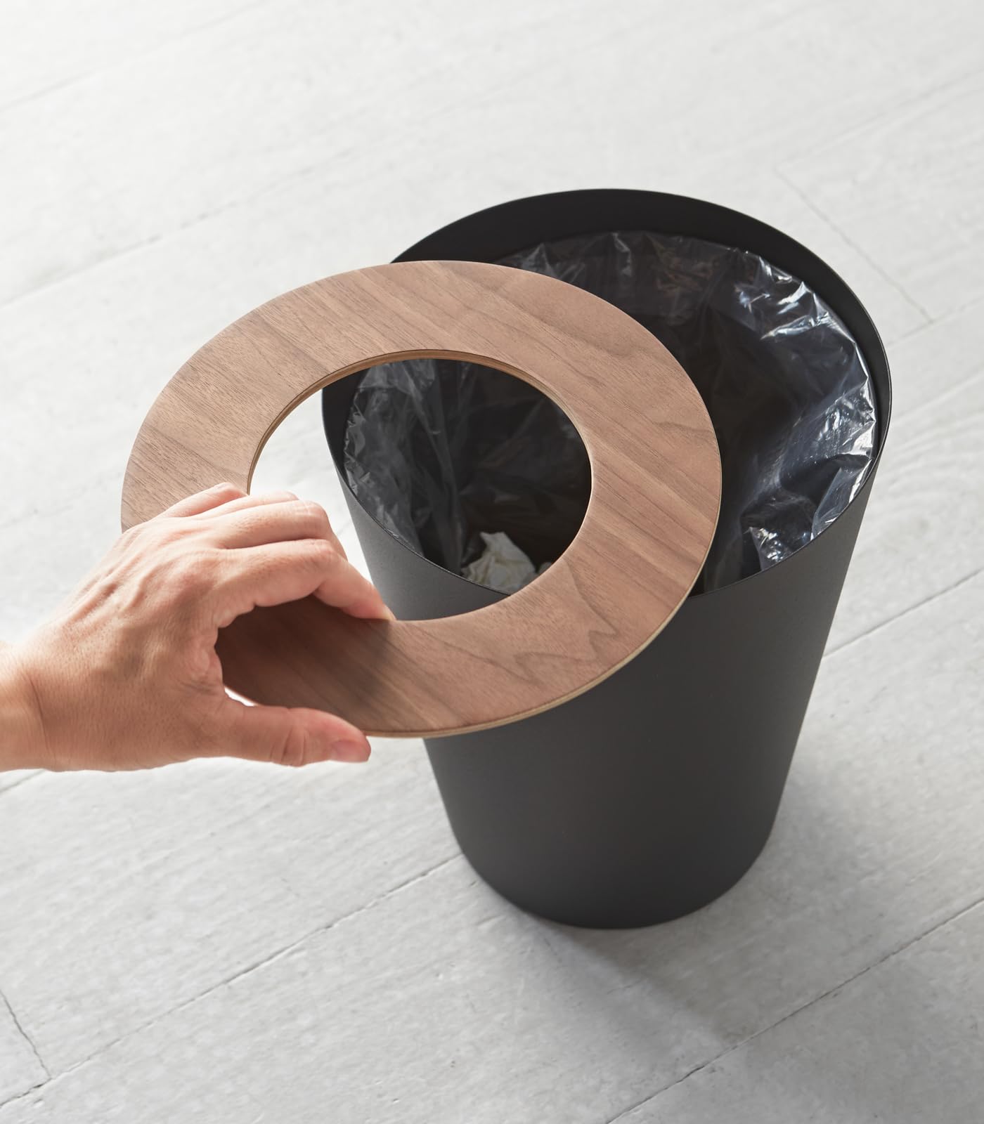 Yamazaki Home Small Modern Wastebasket - Stainless Steel & Walnut Wood Trash Can for Bathroom, Kitchen, Office | Perfect for Small Spaces, Home Decor & Waste Disposal