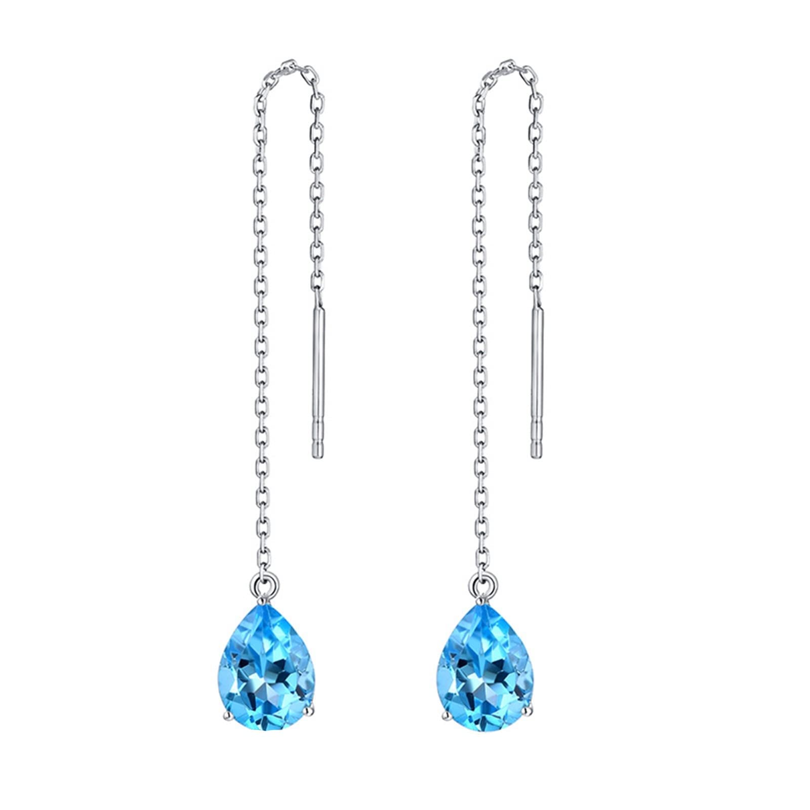 18K White Gold Drop Earrings for Women - 2.6ct Teardrop Blue Topaz & Diamond Pendant Dangle Earrings | Elegant Party, Wedding & Evening Wear Jewelry