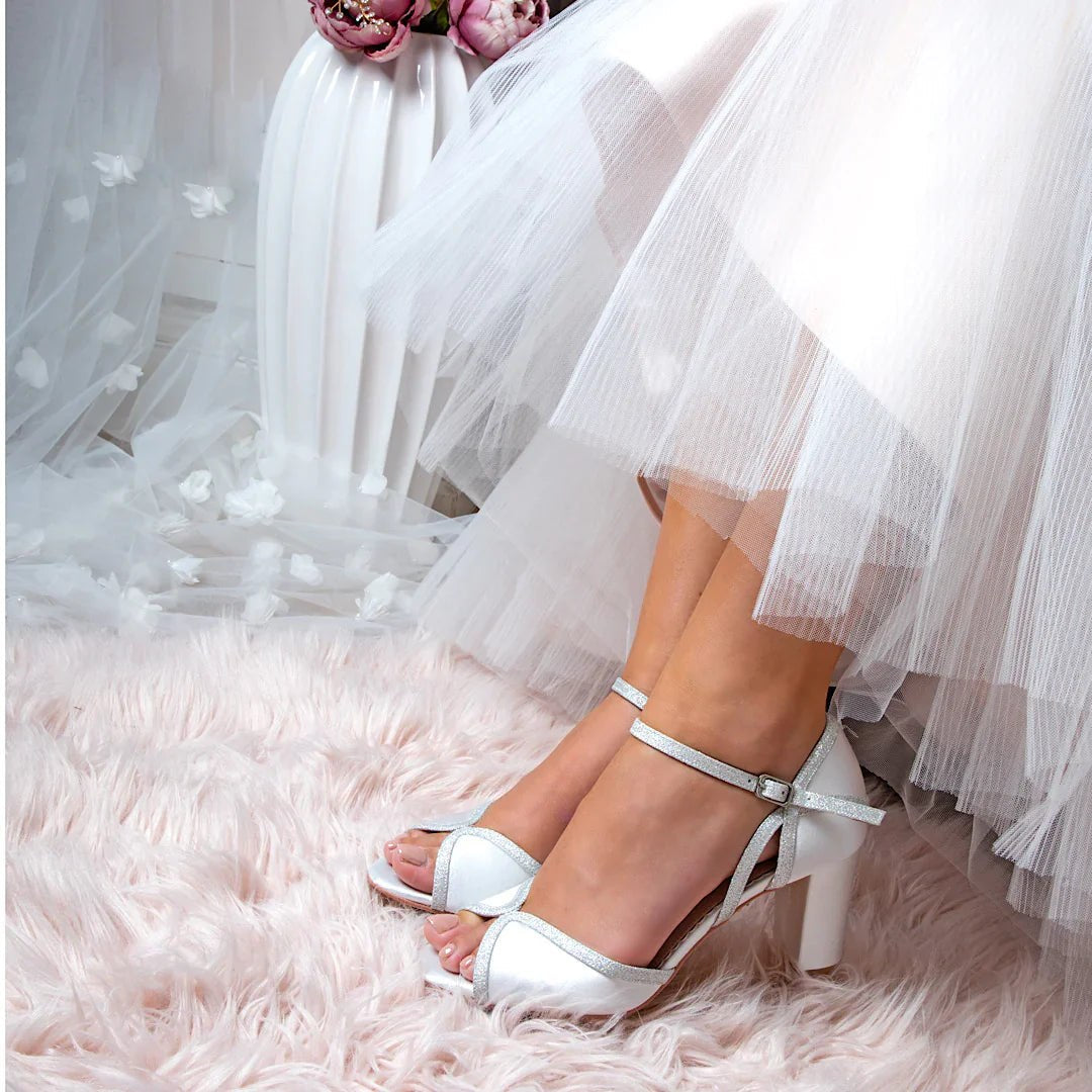Perfect Bridal Sabrina Ivory Satin Glitter Block Heel Wedding Shoes for Bride Size 8 - Elegant Bridal Party, Church Ceremony, Reception & Photoshoot
