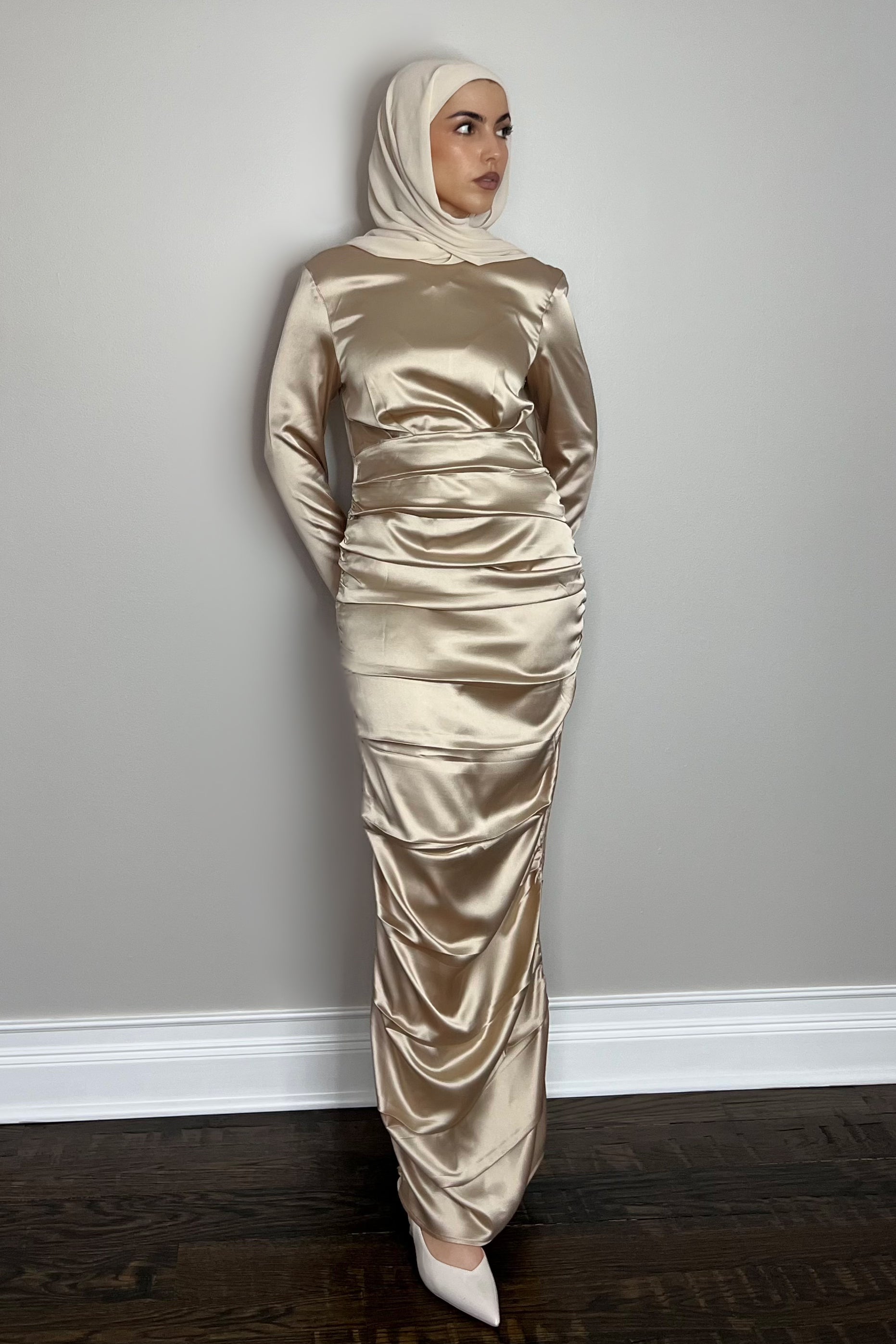 HANA SATIN DRESS in Champagne - Elegant Evening Gown for Weddings, Parties & Special Occasions | Final Sale