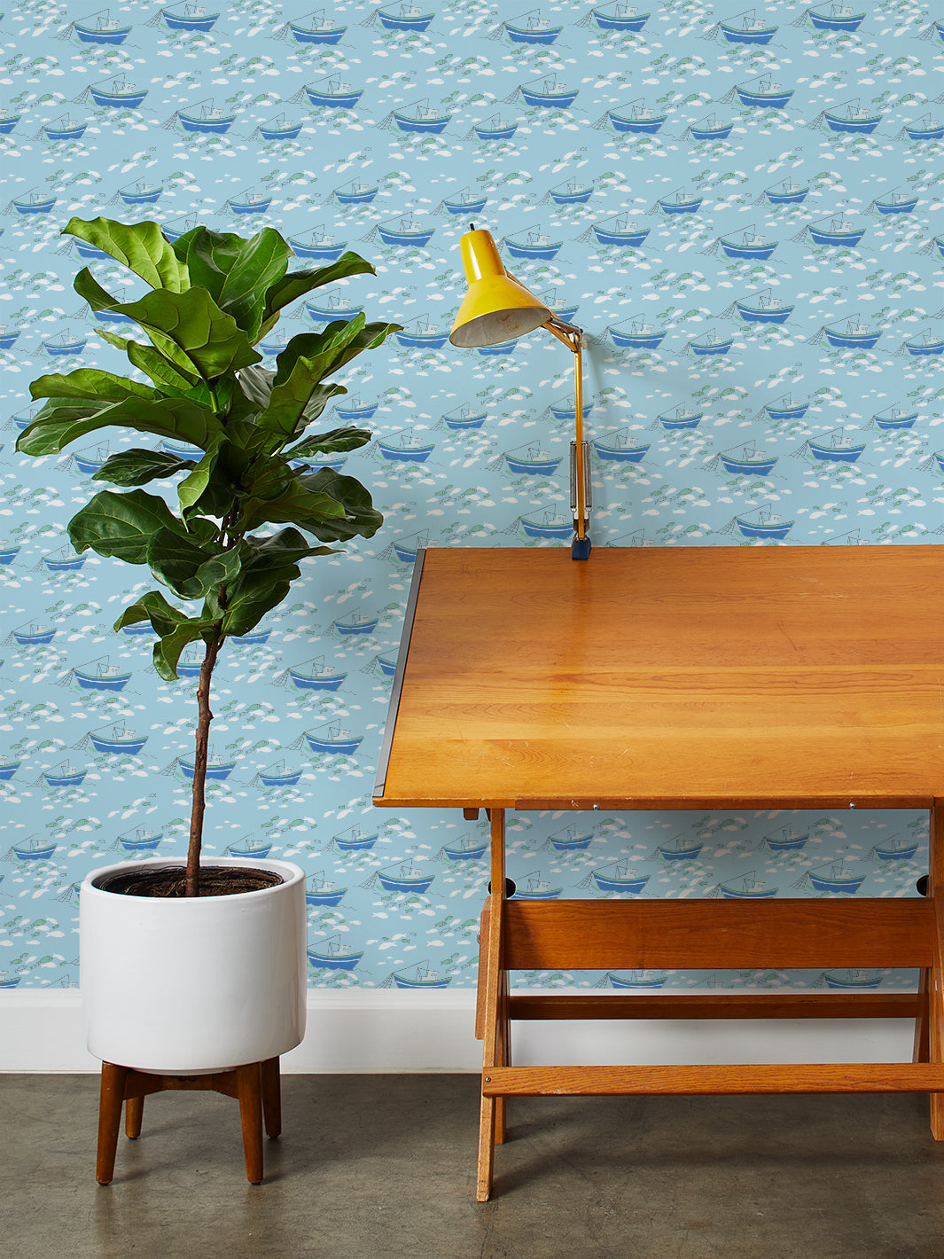 Baby Blue Fishing Boats Wallpaper by Tea Collection - Perfect for Nursery, Kids' Room & Coastal-Themed Decor