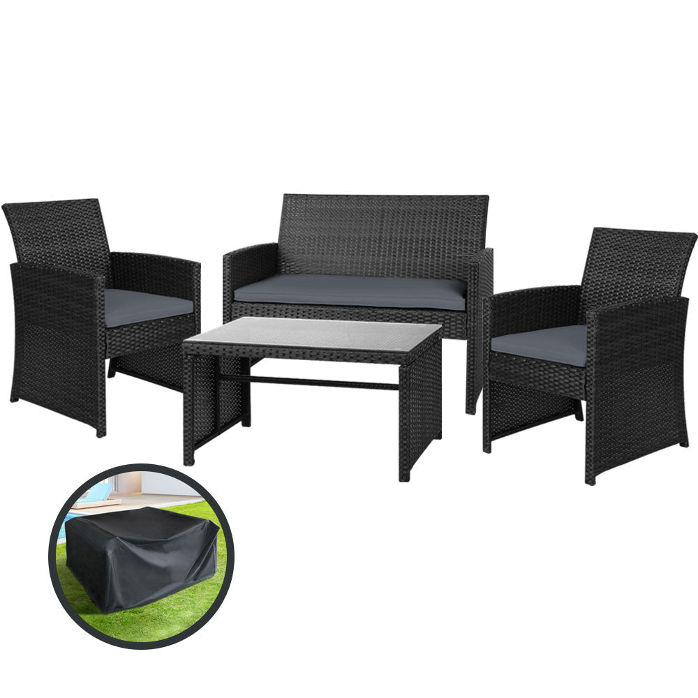 4-Piece Outdoor Rattan Sofa Set with Storage Cover - Patio Furniture in Black for Garden, Backyard, and Poolside Relaxation