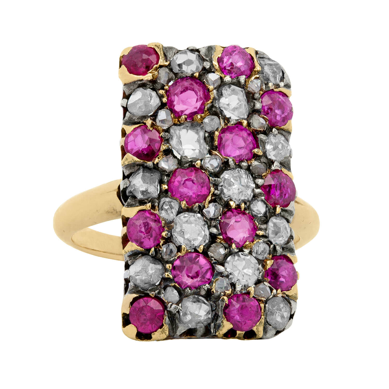 Victorian Style 18K Gold & Sterling Silver Ruby Diamond Checkerboard Ring for Women | Elegant Vintage Jewelry Gift for Anniversary, Engagement & Special Occasions