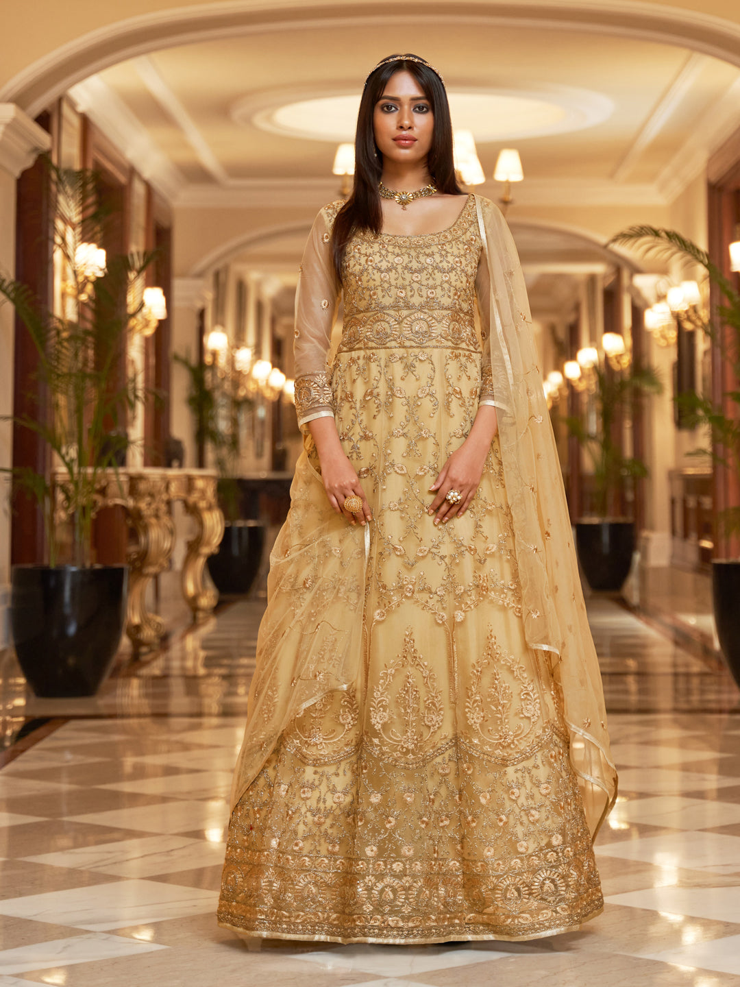 Elegant Beige Traditional Heavy Semi-Stitched Net Anarkali Suit with Exquisite Embroidery Work - Perfect for Weddings, Festivals & Special Occasions