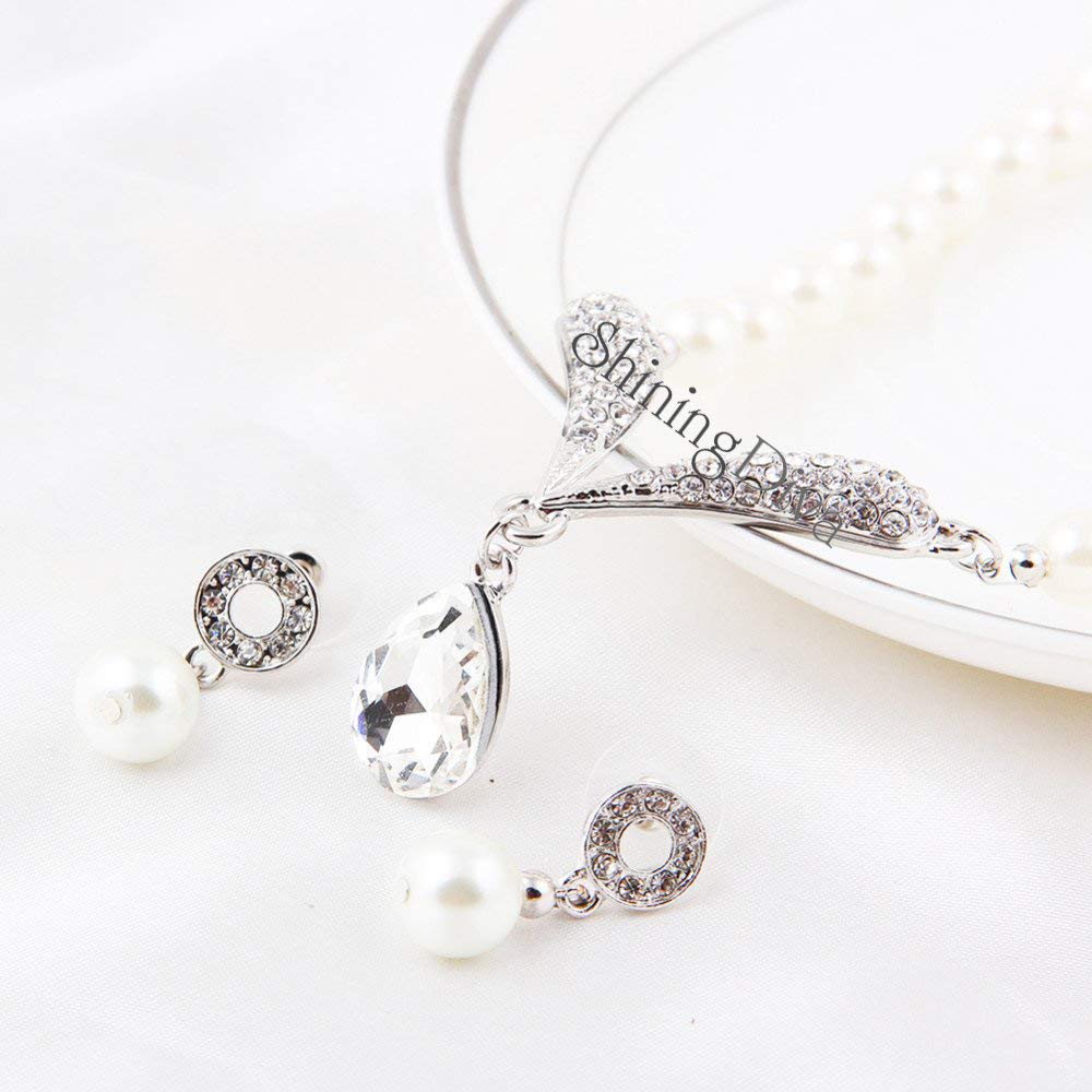 Shining Diva Fashion Crystal Pearl Necklace Set with Matching Earrings - Elegant Jewelry Gift for Women & Girls (White) | Perfect for Weddings, Parties & Special Occasions (rrsd8494s)