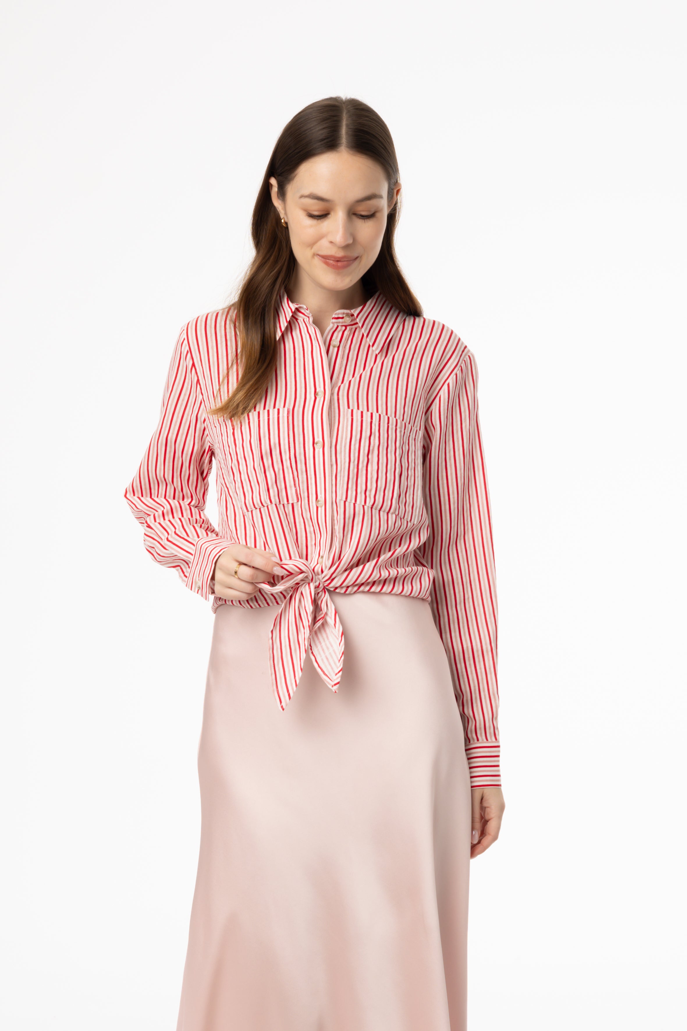 Stylish Pink Multi-Striped Tie Blouse for Women | Trendy Office & Casual Wear | Perfect for Work, Dates & Special Occasions