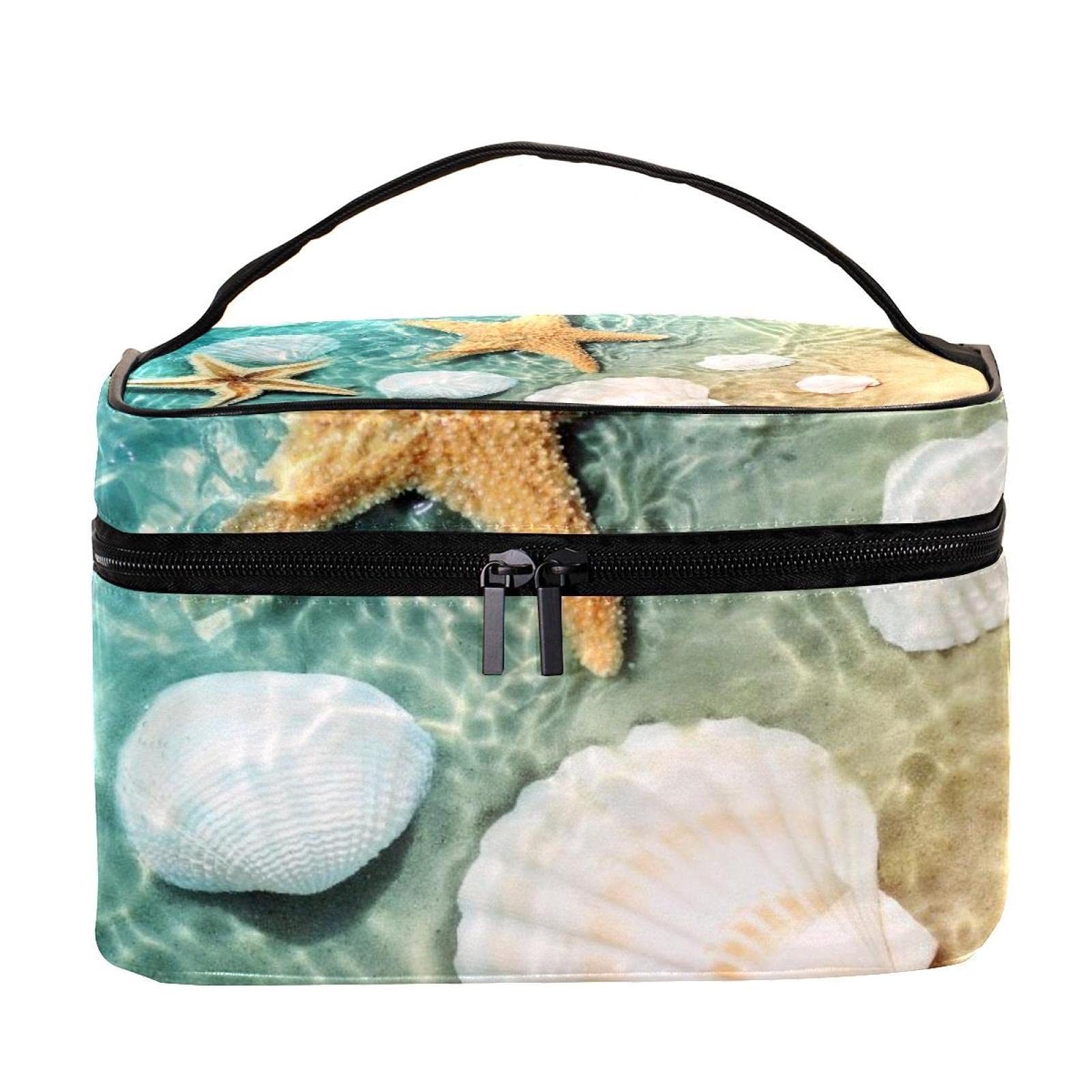 WARMFM Tropical Beach Seashell Makeup Bag - Waterproof Travel Cosmetic Organizer with Double Zipper for Women | Perfect for Beach Vacation, Gym, Daily Use & Travel Essentials Storage
