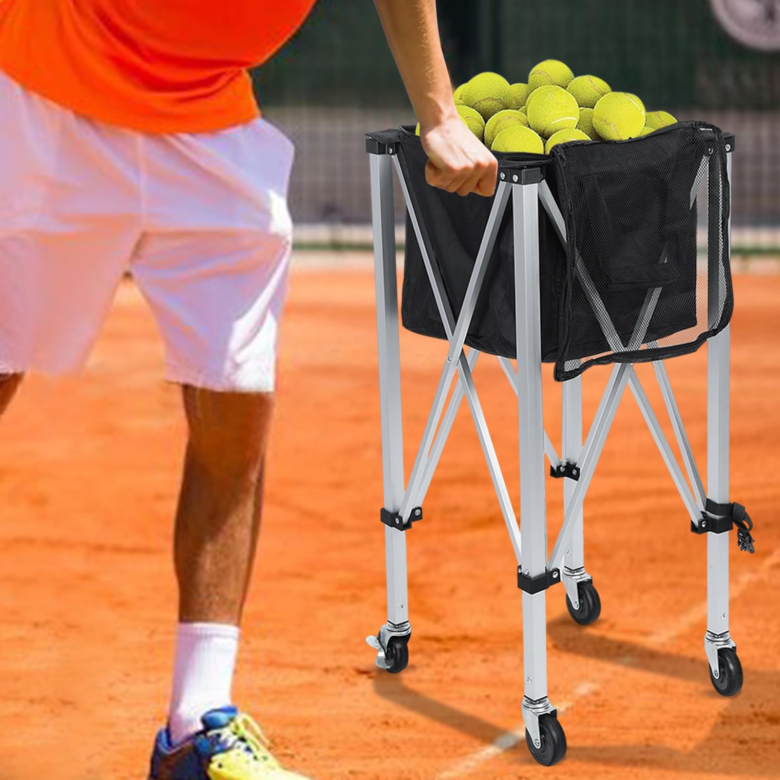 Foldable Tennis Ball Cart - Portable Tennis Ball Hopper with Wheels Holds 160 Balls | Lightweight Tennis Ball Carrier with Removable Bag & Side Pockets | Perfect for Tennis Practice, Coaching & Sports Training (1 Set)
