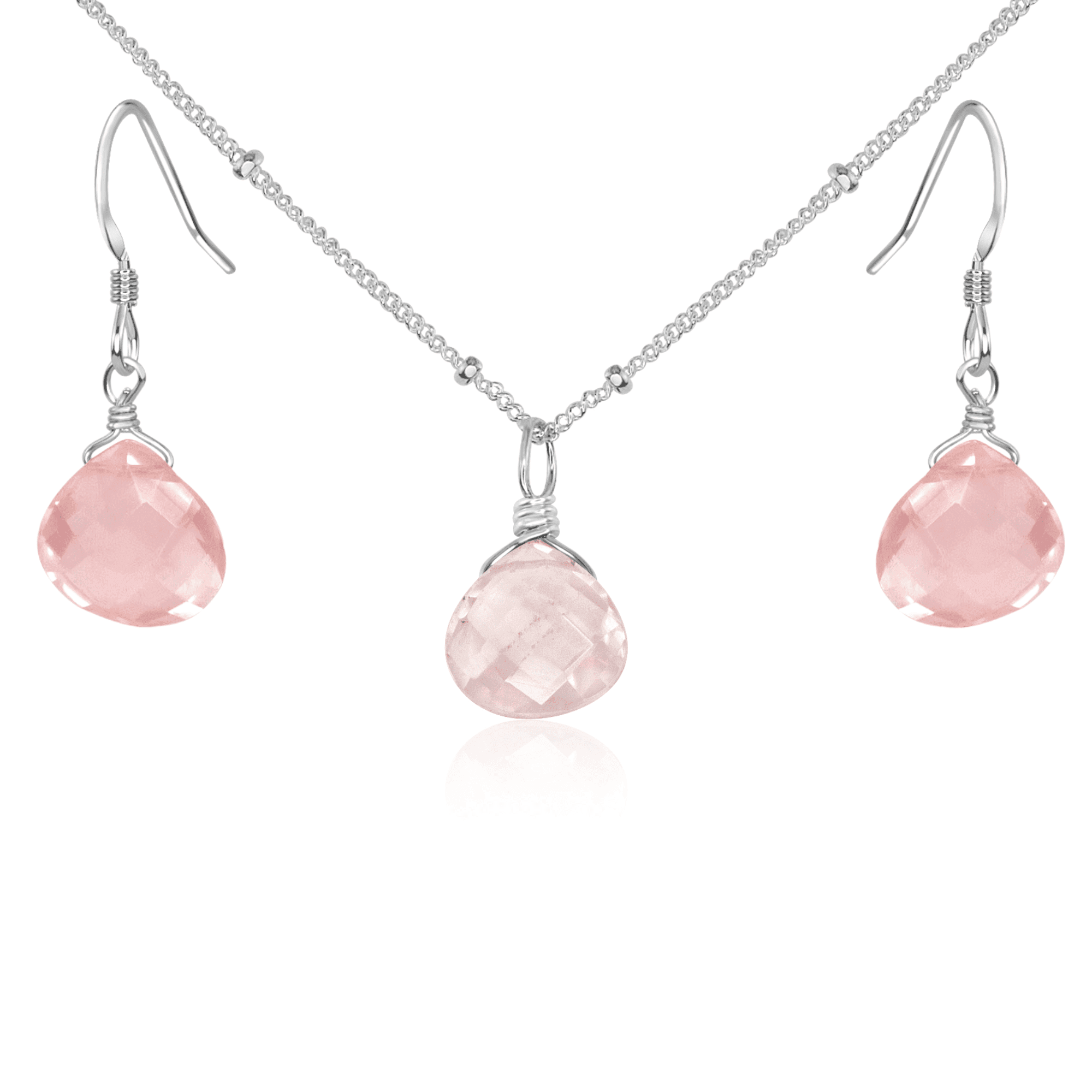 Rose Quartz Tiny Teardrop Earrings & Necklace Set - Dainty Crystal Jewelry for Women | Perfect for Valentine's Day, Anniversary Gifts & Everyday Elegance
