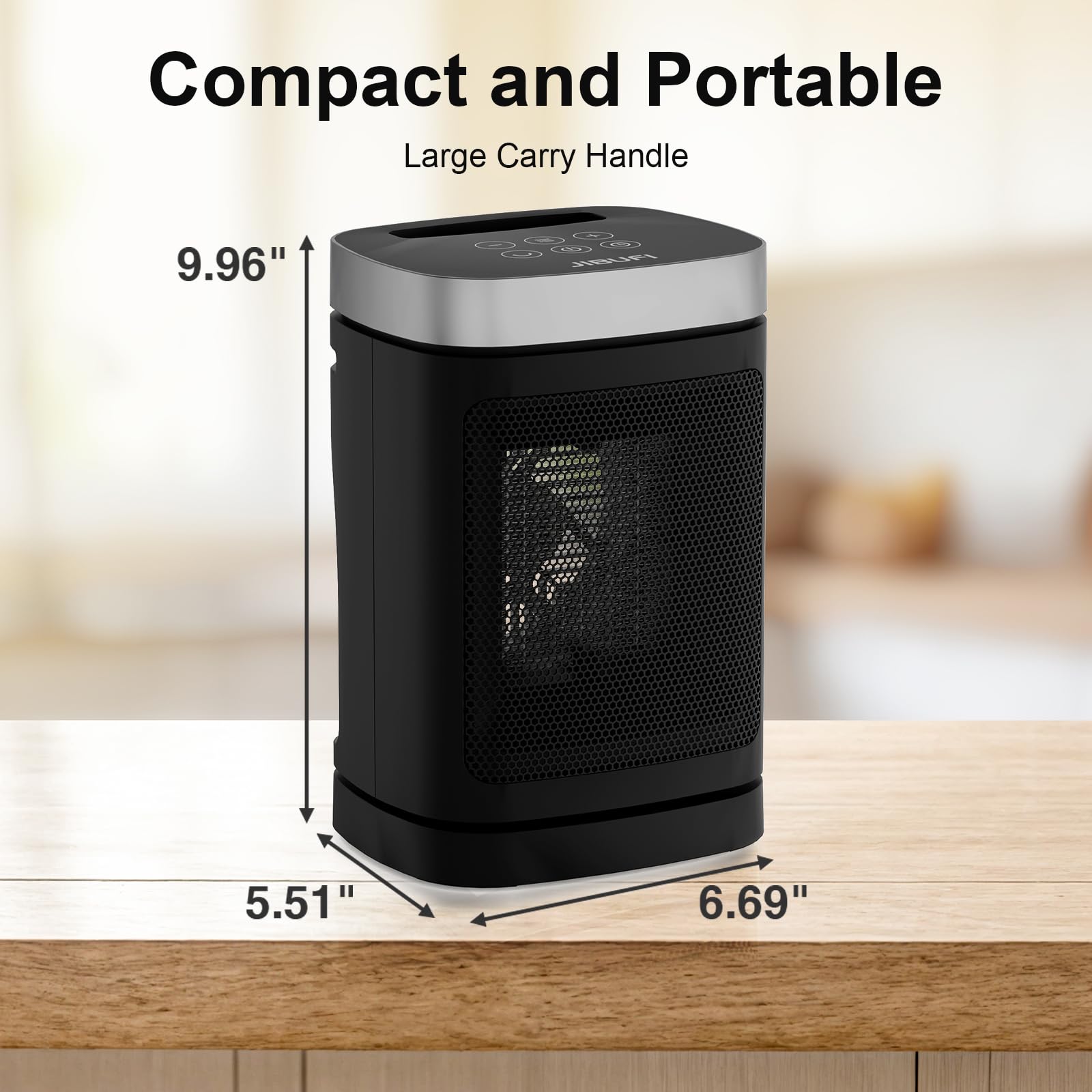JIBUFI 1500W PTC Electric Space Heater - Small Portable Indoor Heater with 70° Rotation, Fast & Safe Heating, Remote Control, 1-12 Hour Timer - Perfect for Bedroom, Office, Home & Winter Use (Silver)