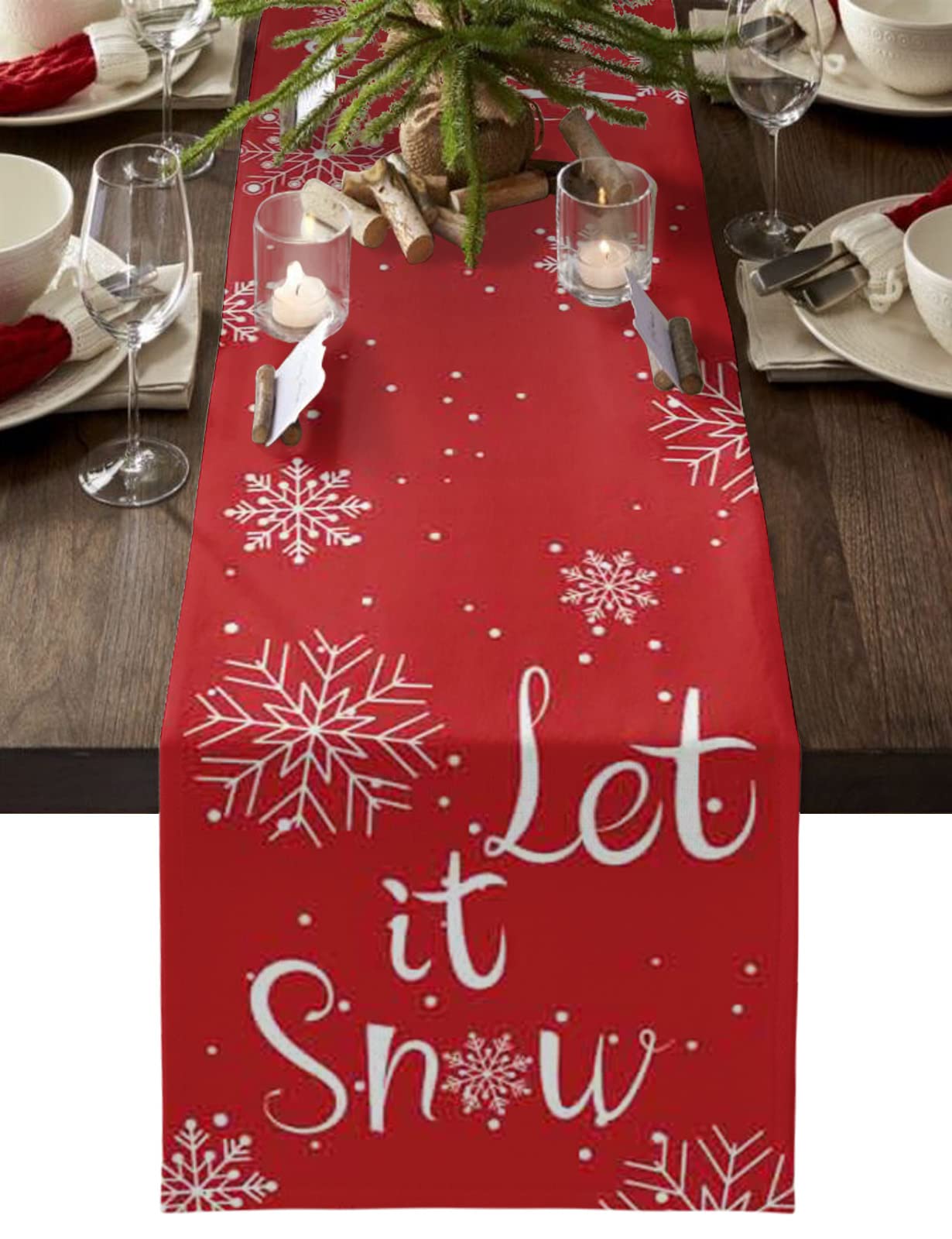Let It Snow Red Snowflake Christmas Table Runner - 36 Inch Cotton Linen Holiday Dining Table Decor for Christmas, Coffee Table, Fireplace & Winter Home Decoration