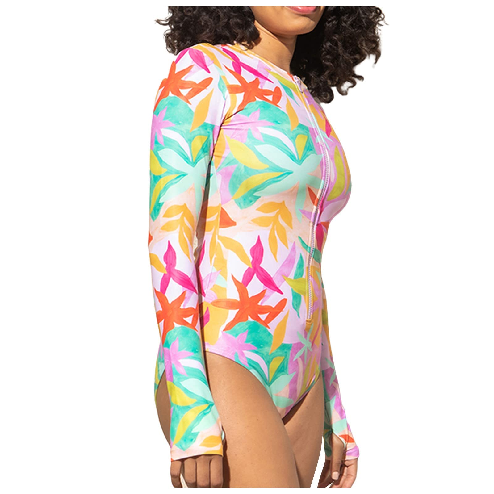 TIMEMEANS Women's Athletic One Piece Swimsuit - Zip Front, Long Sleeve, Printed Swimwear for Swimming, Surfing & Beach Activities | High Performance Bathing Suit for Active Women