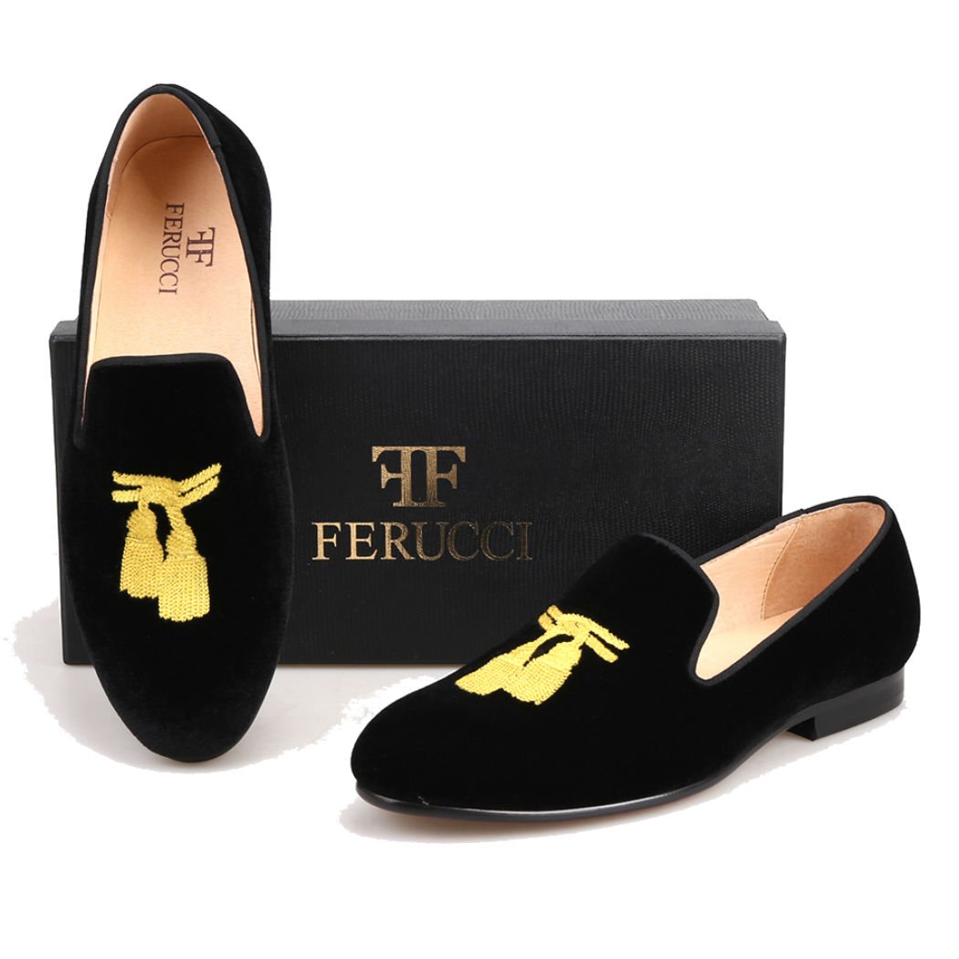 FERUCCI Men's Black Velvet Loafers - Gold Embroidered Tassel Slip-On Slippers for Indoor/Outdoor Wear - Comfortable House Shoes for Relaxing at Home & Casual Outings
