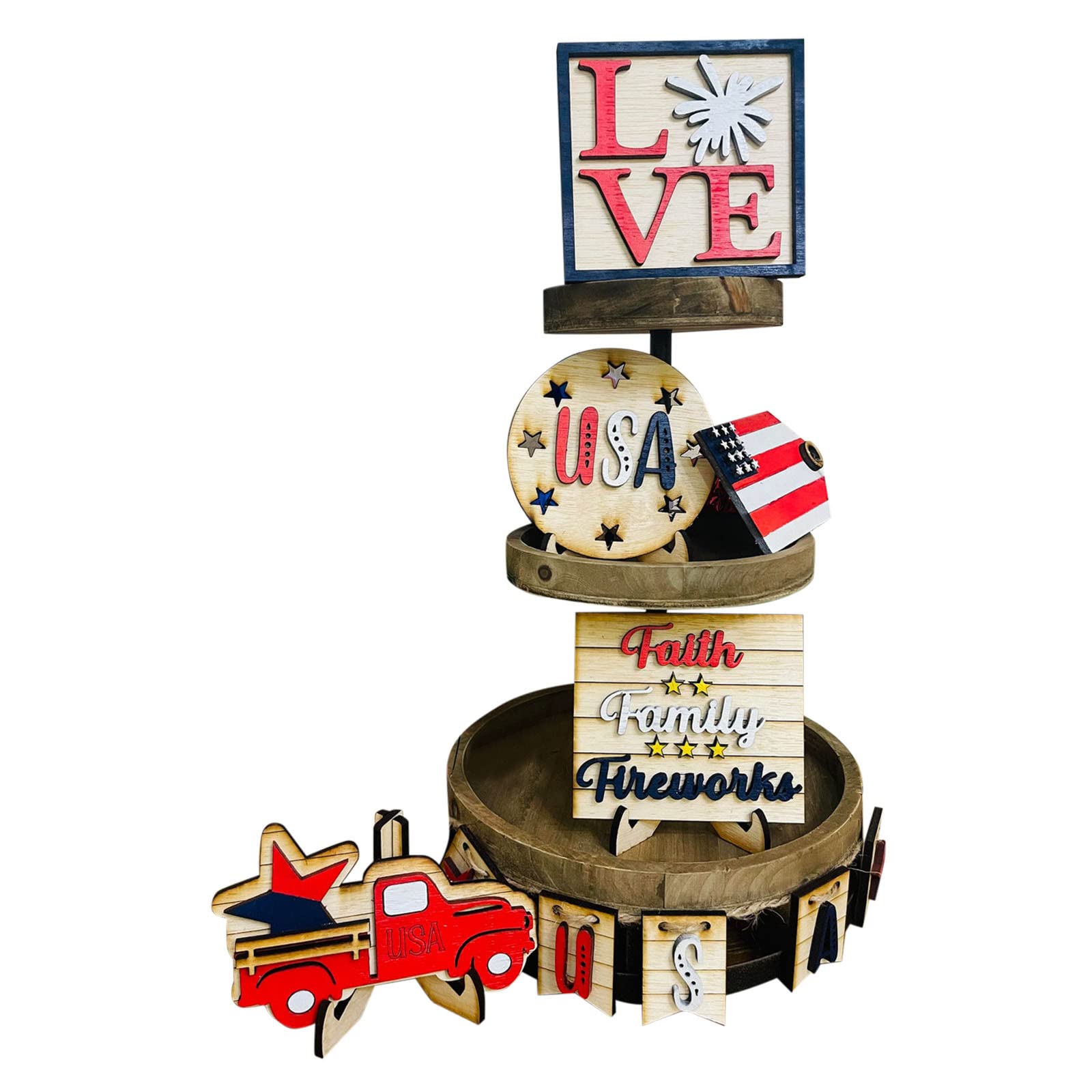 Patriotic Tiered Tray Decor - 4th of July & Independence Day Home Decor - Memorial Day Table Centerpiece - Housewarming Gift & Party Decoration - Perfect for Summer BBQs, Patriotic Celebrations & Festive Home Styling