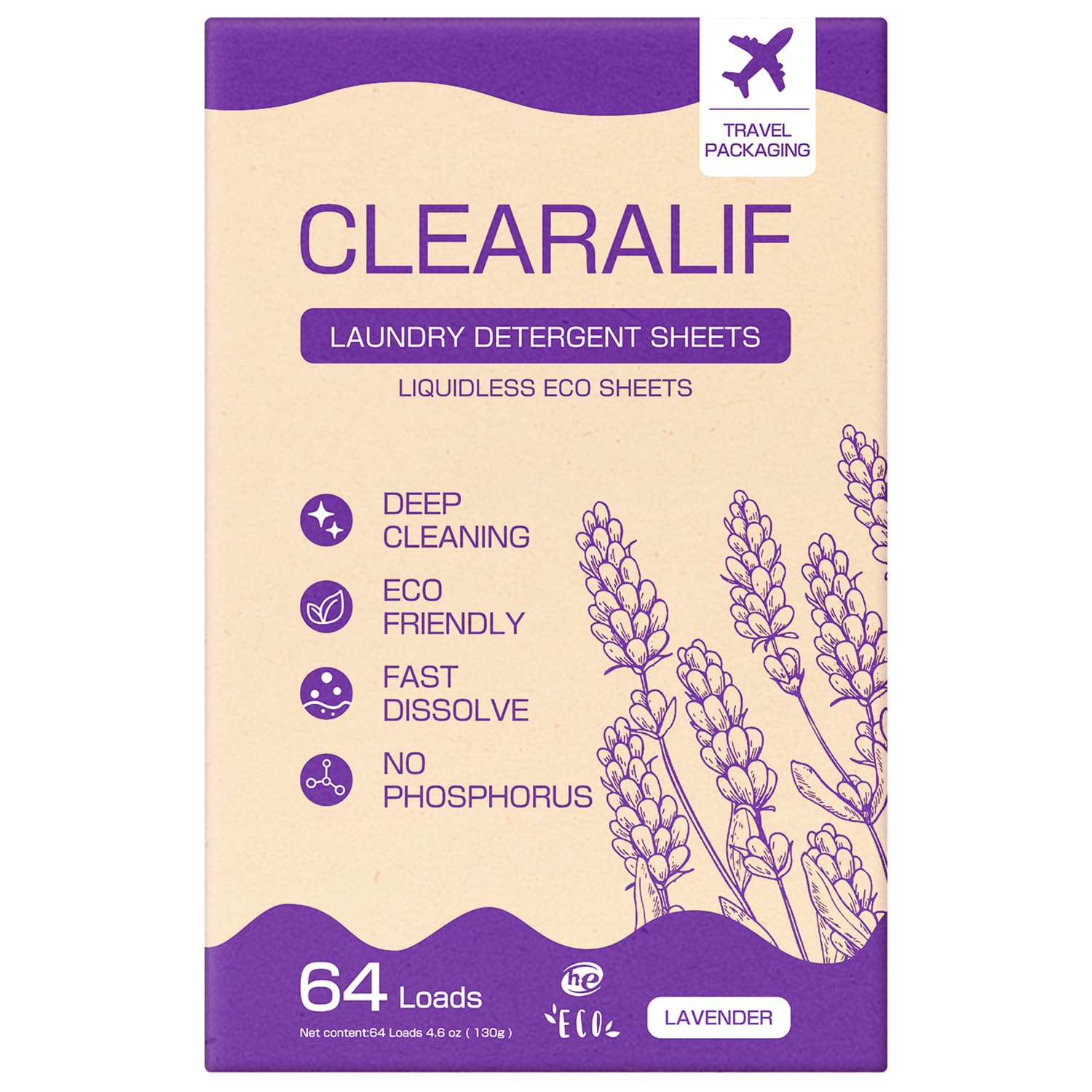 Eco-Friendly CLEARALIF Laundry Detergent Sheets - Hypoallergenic Lavender Scent (64 Loads) | Biodegradable & Travel-Friendly Laundry Strips for Home, Gym & Travel
