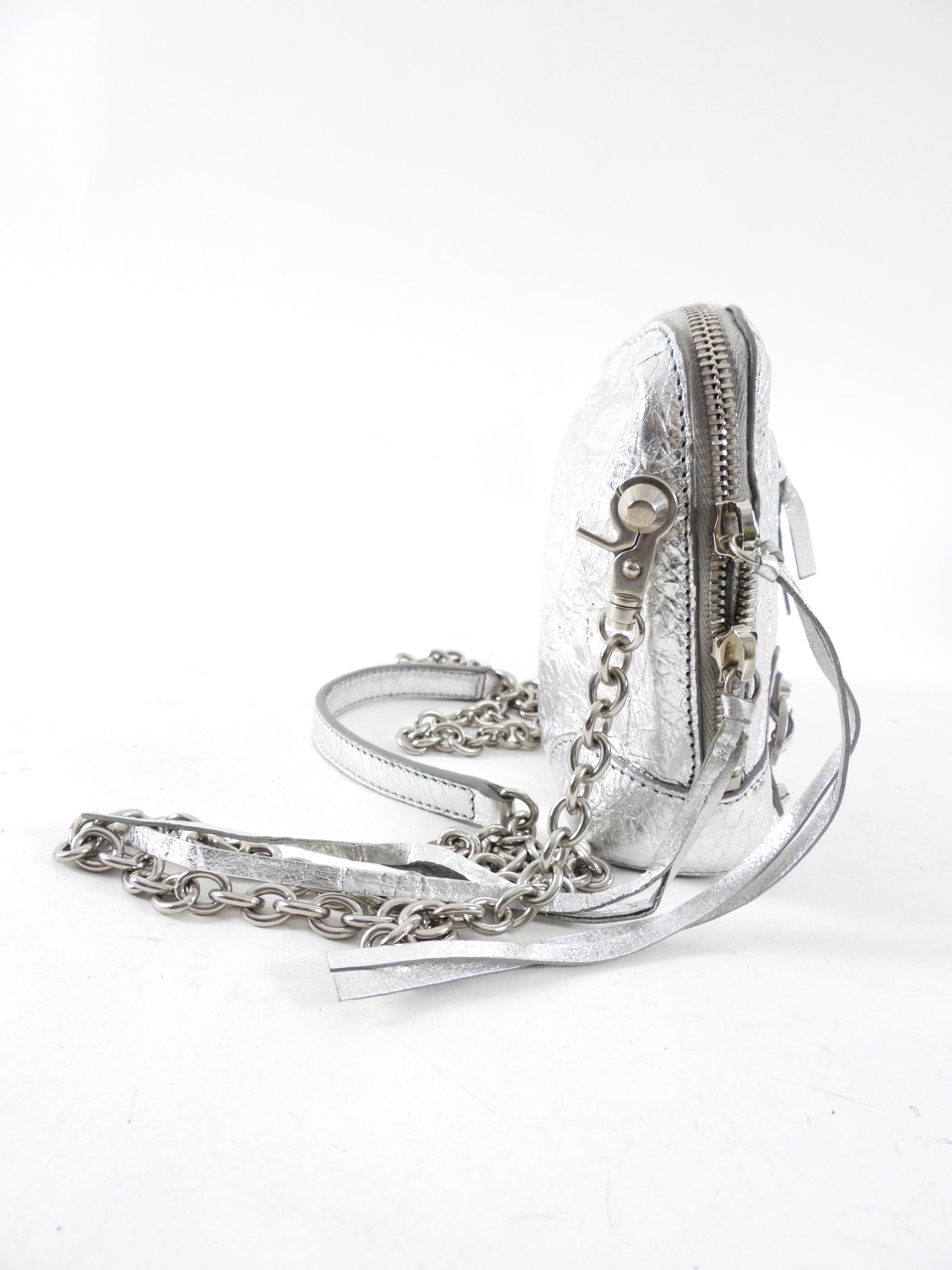 Balenciaga Silver Metallic Reporter Chain Crossbody Bag for Women - Luxury Designer Shoulder Purse for Party, Night Out & Travel