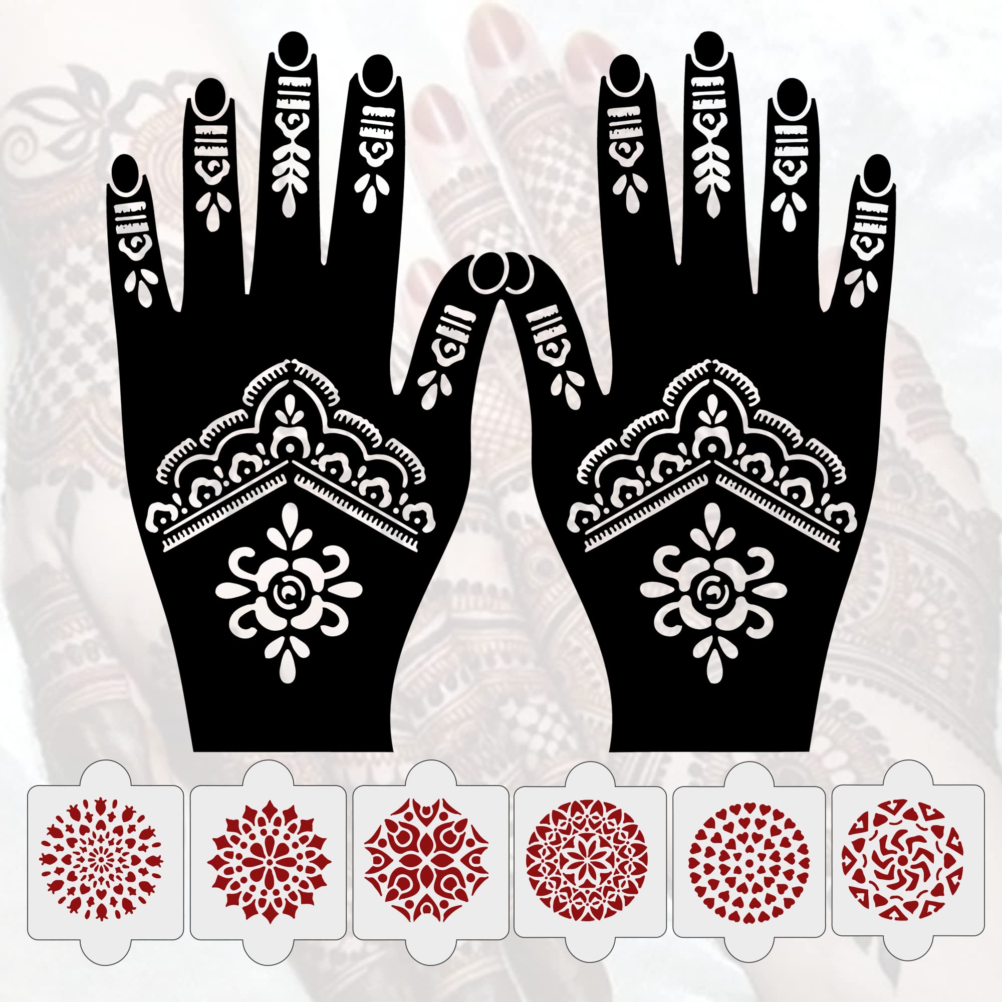 8 Pcs Henna Stencil Kit - 2 Henna Tattoo Stencils & 6 Reusable PVC Mehandi Templates for Hands | Easy DIY Henna Art for Women, Girls & Kids | Perfect for Weddings, Festivals & Special Occasions | IVNH-1067
