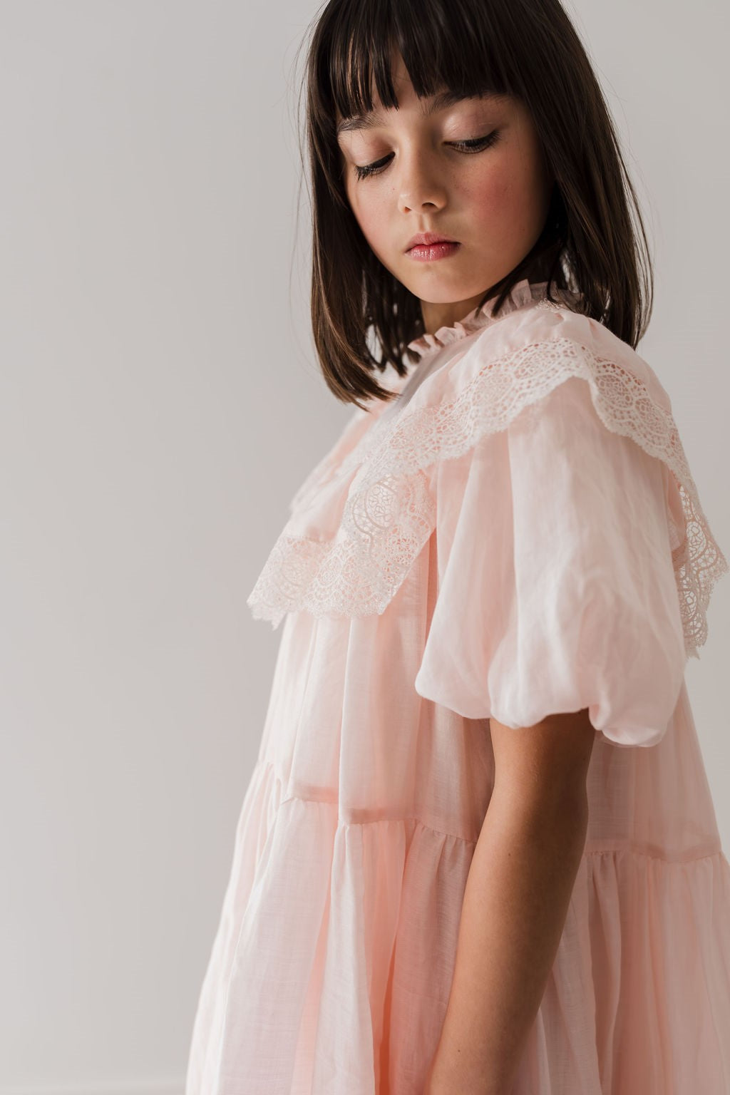Petite Amalie Short Sleeve Poppy Lace Trim Soft Peach Dress - Perfect for Spring Weddings & Garden Parties