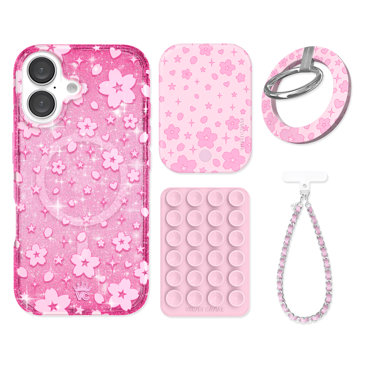 Cherry Blossom Glitter iPhone Case with Grip - Cute Pink Floral Phone Cover for iPhone 13/14/15 Pro Max - Non-Slip Shockproof Protection for Daily Use, Travel & Outdoor Activities