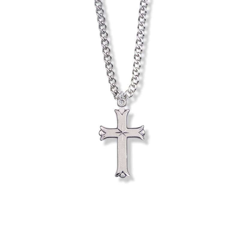 1 Inch Sterling Silver Budded Ends Cross Pendant Necklace for Women - 18 Inch Stainless Steel Rhodium Plated Curb Chain - Elegant Religious Jewelry Gift for Baptism, Confirmation & Everyday Wear