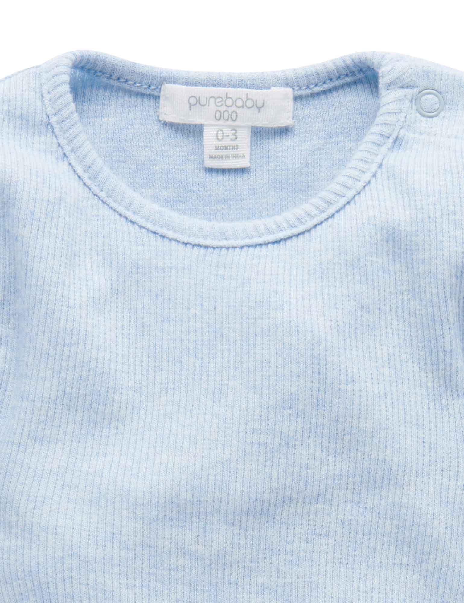 Purebaby Organic Cotton Ribbed Long Sleeve Bodysuit for Babies - Soft & Comfortable Blue Mélange One-Piece - Perfect for Everyday Wear, Playtime & Photo Shoots